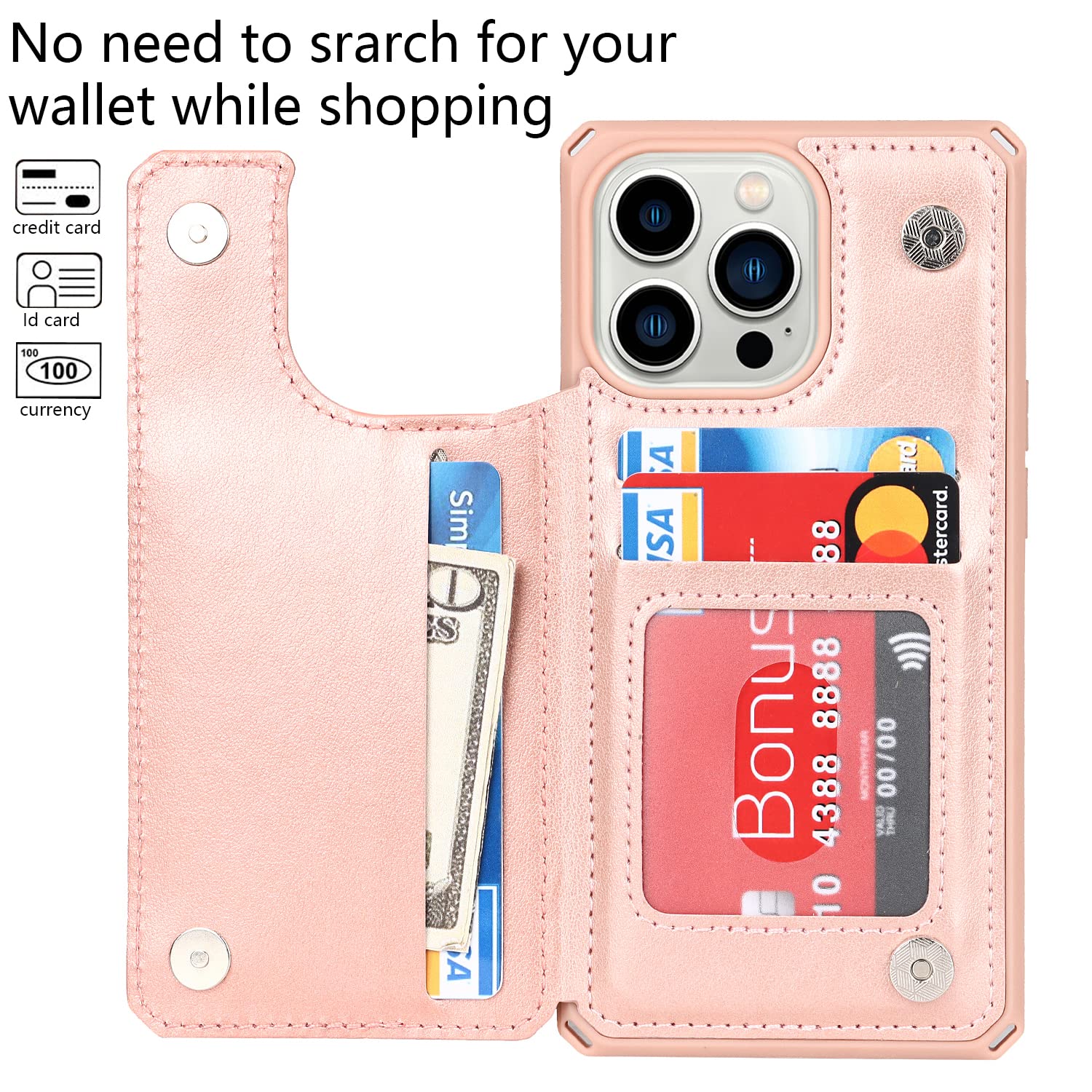 Premium Leather Wallet Case for iPhone 13 Pro Max with Card Holder & Stand - Shockproof Protective Phone Cover with Strap for Men & Women (Rose Gold) - Perfect for Daily Commute, Travel & Hands-Free Use