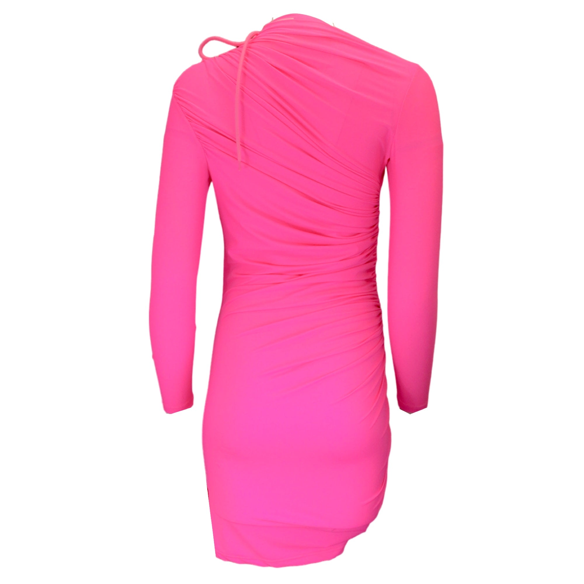 Balenciaga Hot Pink Ruched Mini Dress with Drawstring Detail - Long Sleeve Fitted Party Dress for Women, Perfect for Night Out, Club Wear, and Special Occasions
