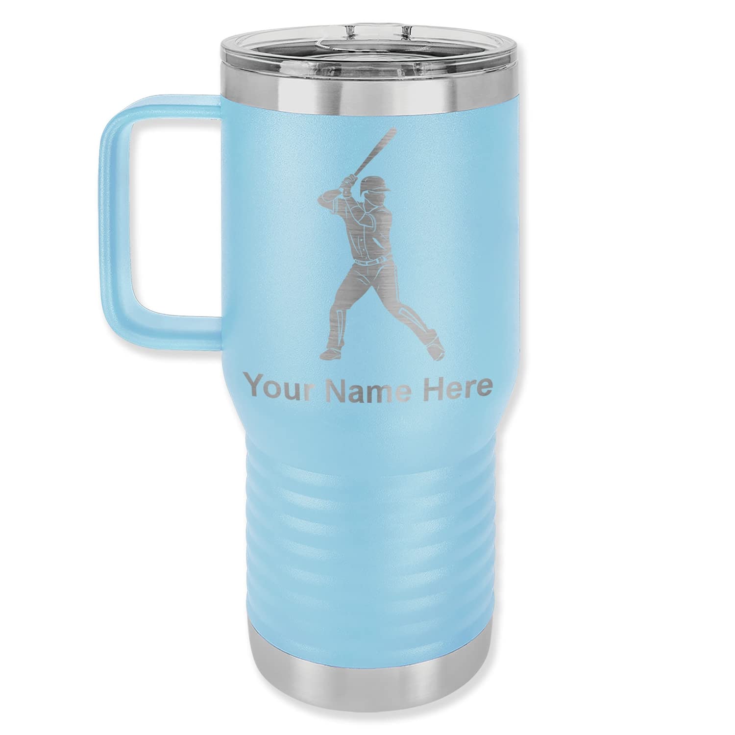 LaserGram 20oz Vacuum Insulated Stainless Steel Travel Mug with Handle - Personalized Baseball Player 2 Engraving, Light Blue - Perfect for Coffee, Tea & Cold Drinks at Work, Gym or Outdoor Adventures