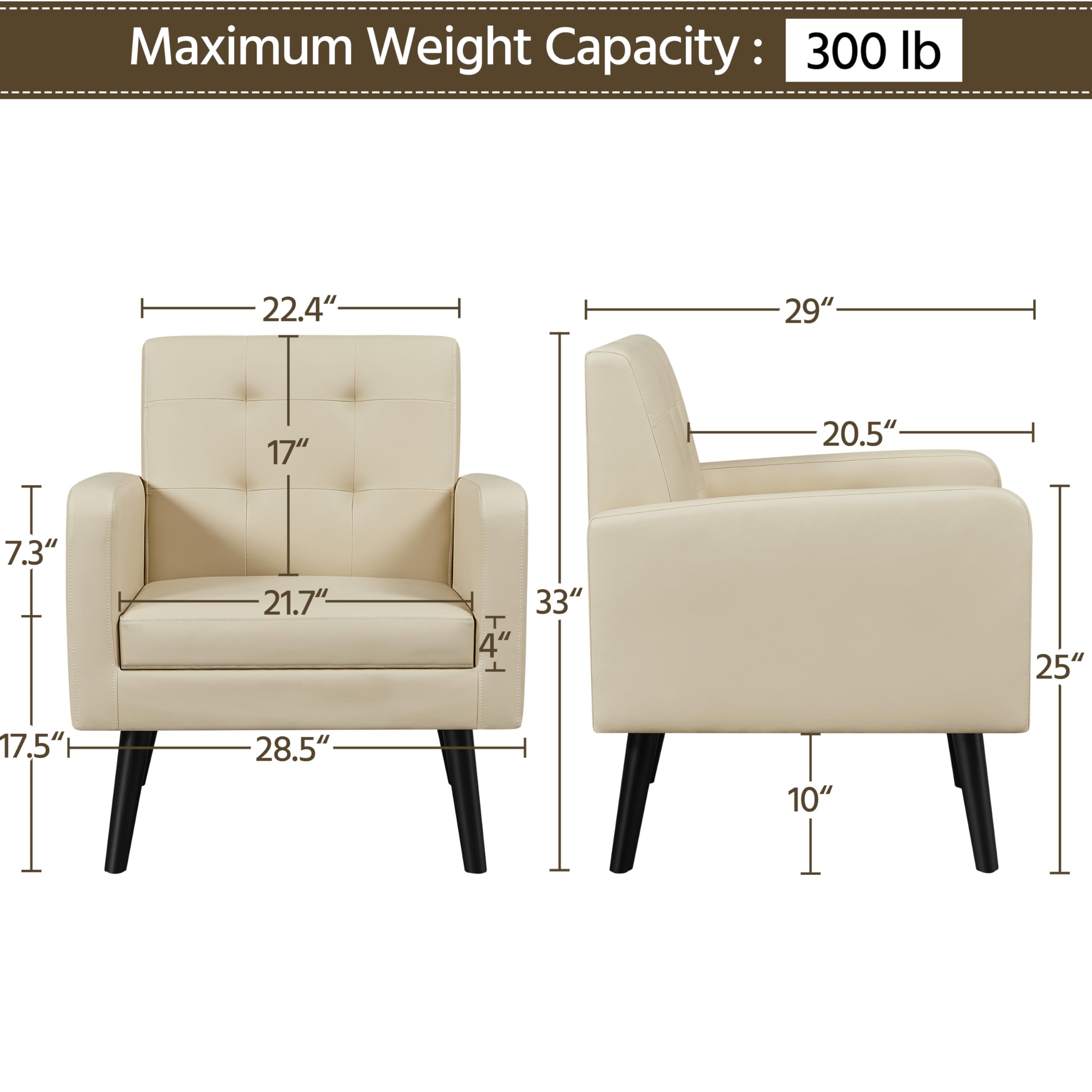 Yaheetech Mid-Century Modern Accent Chair - PU Leather Upholstered Armchair with Button Tufted Back & Wooden Legs for Living Room, Bedroom, Office or Cafe - Beige Home Decor for Relaxing & Stylish Seating