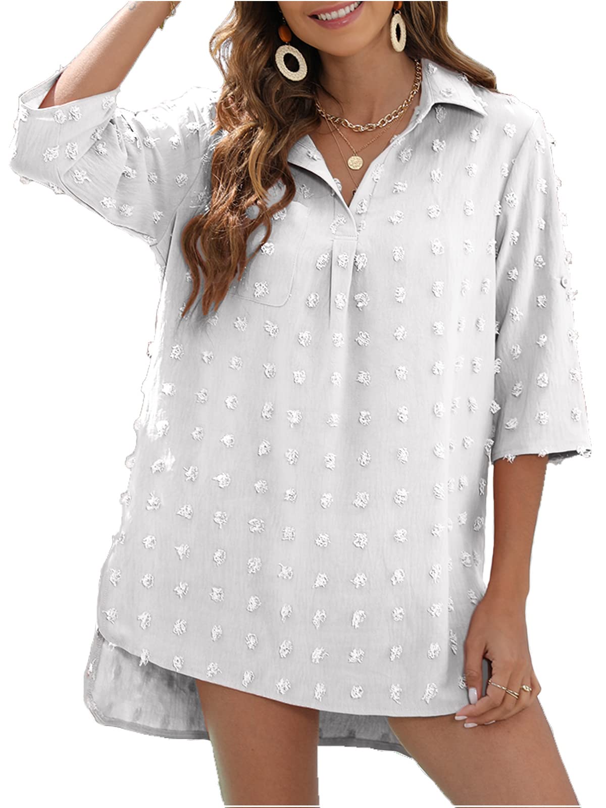 BOTHENIAL Women's White Chiffon Shirt Dress - Summer Beach Casual Shift Dress, Trendy Swim Cover Up for Vacation, Pool Party & Outdoor Activities