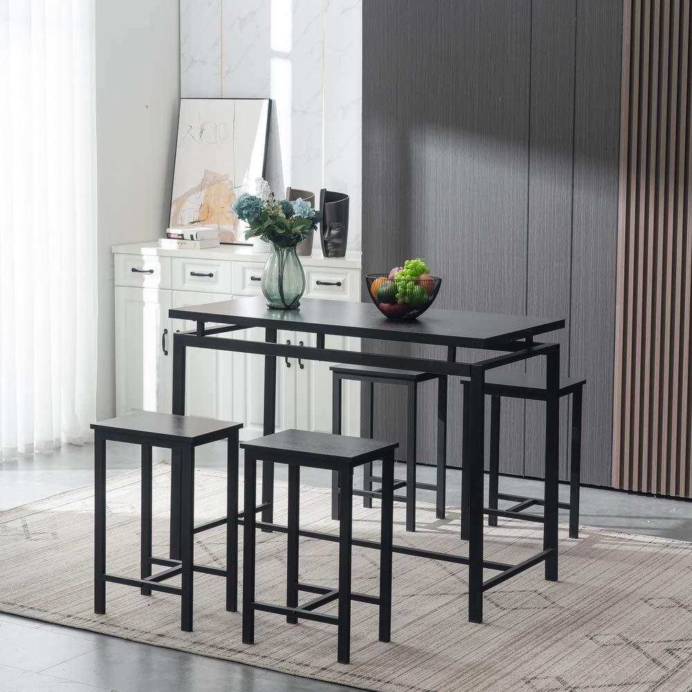 Modern 5-Piece Dining Set, Contemporary Wood Table with Four Stools, Home Kitchen Breakfast Furniture, Black, Great for Family Meals and Entertaining