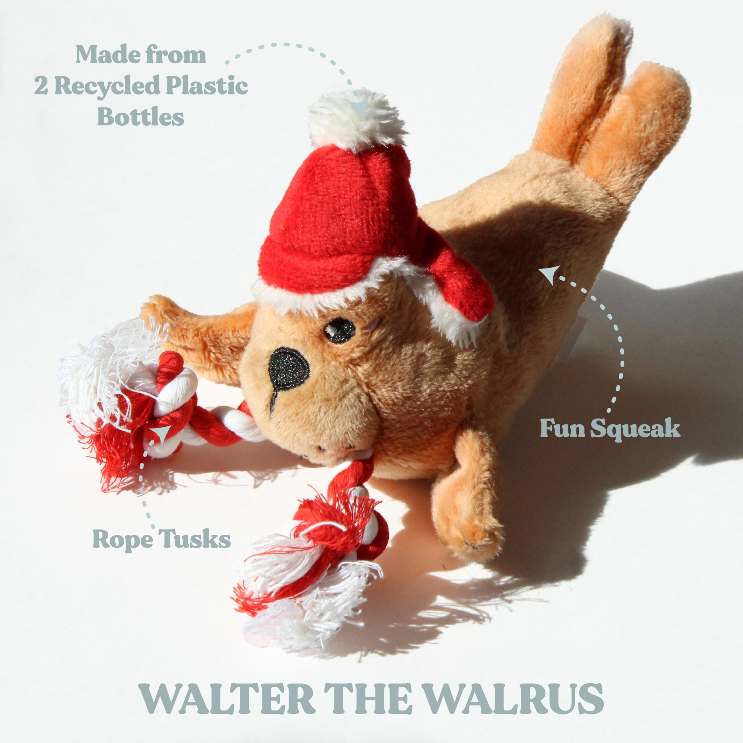 Santa-Themed Dog Chew Toys - Small Plush Walter The Walrus for Puppies | Durable & Eco-Friendly Christmas Pet Gifts | Perfect for Stocking Stuffers, Holiday Playtime & Teething Relief