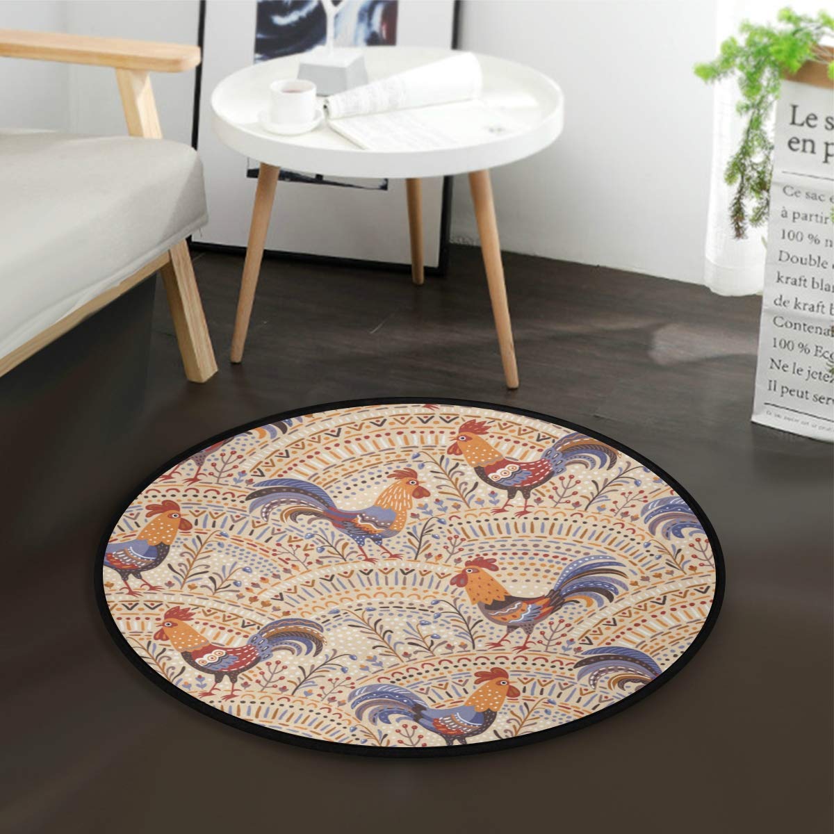 Non-Slip Round Area Rug with Floral Rooster Design - Soft 3-Ft Diameter Carpet for Living Room, Bedroom, Kitchen & Bathroom - Perfect Home Decor Accent for Farmhouse or Country Style Interiors