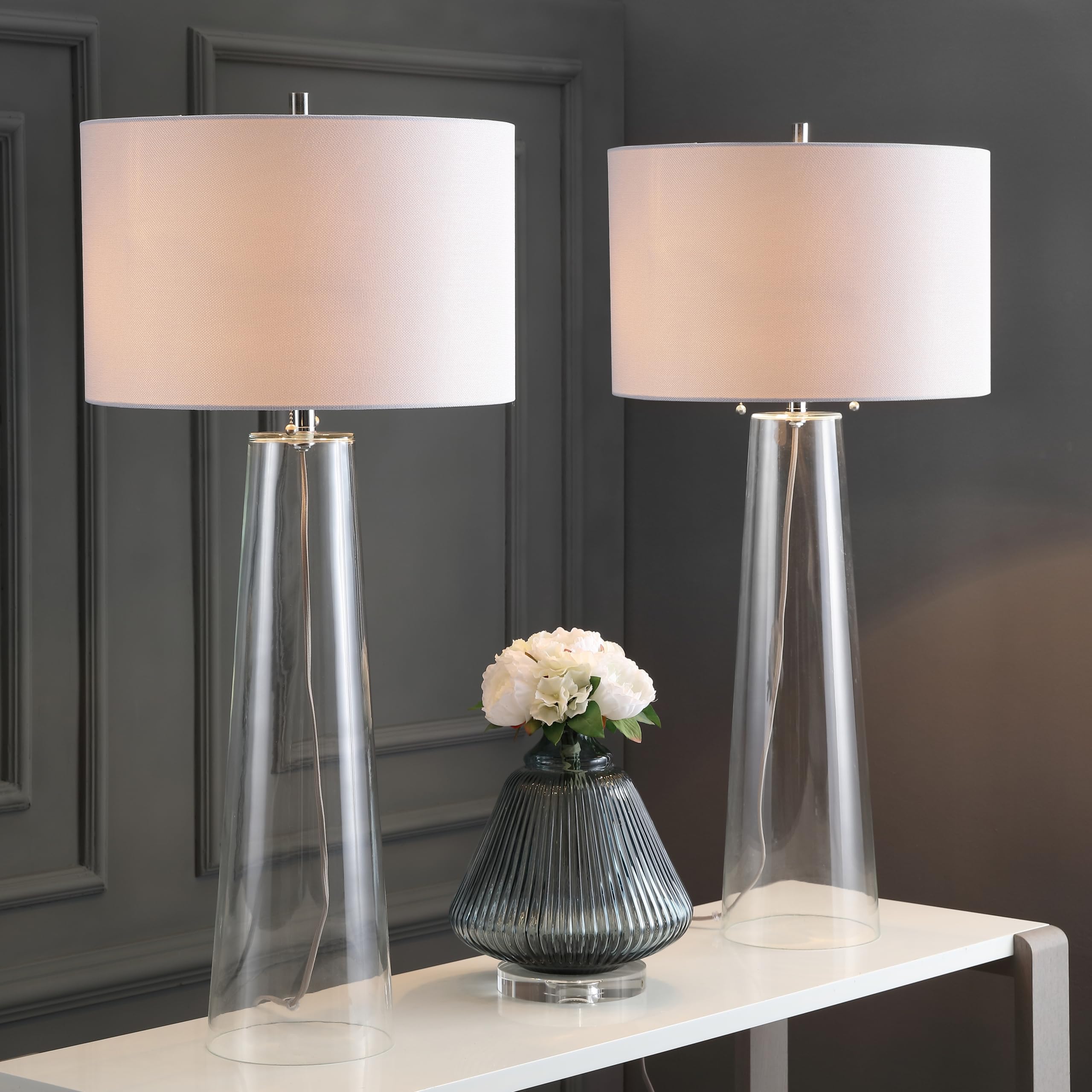 SAFAVIEH Myrtle Modern Clear Glass Pull Chain Table Lamp - 38 Inch Set of 2 with LED Bulbs for Bedroom, Living Room, Home Office & Nightstand Lighting | Contemporary Home Decor Accent Light