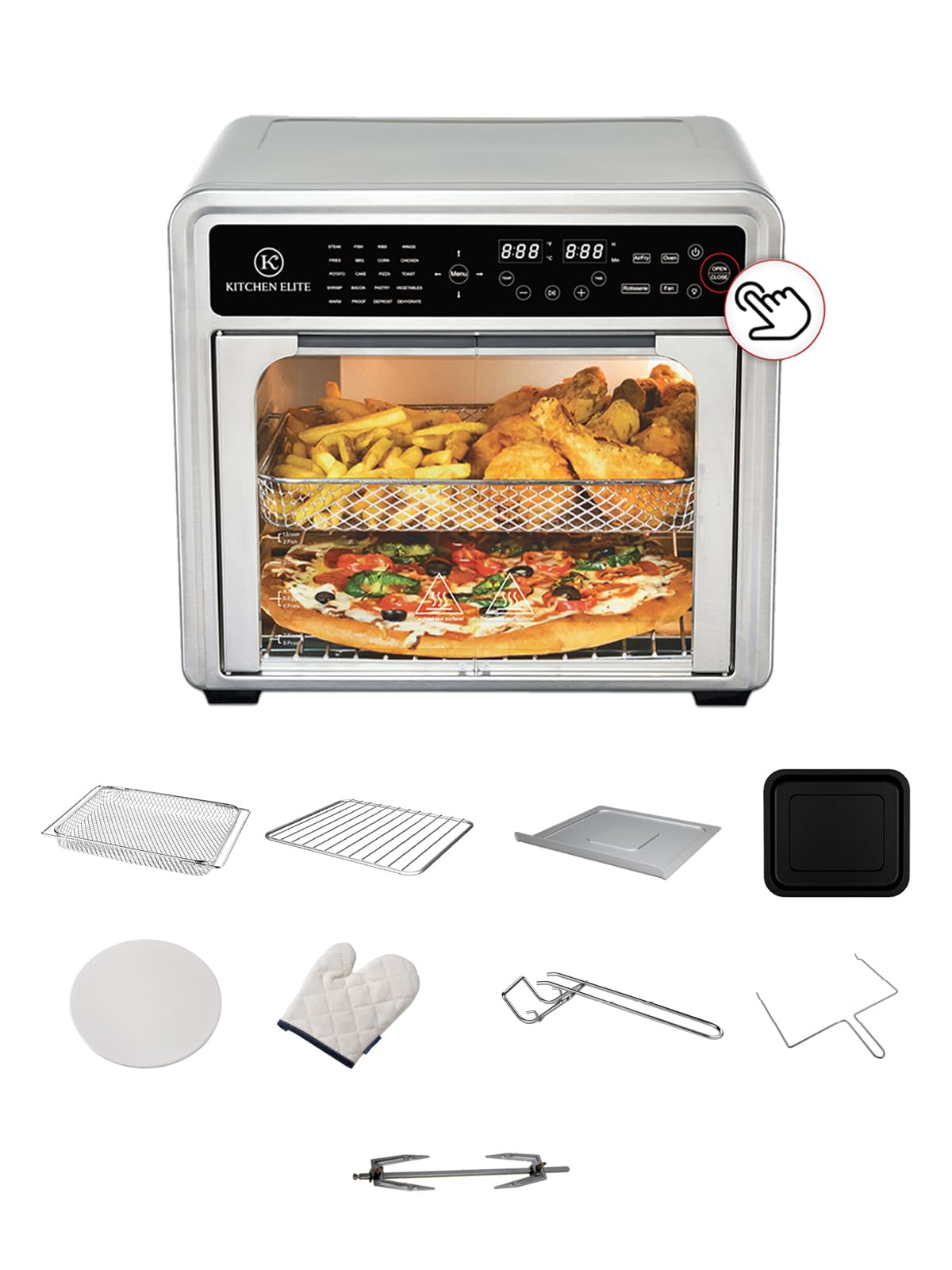 30QT French Door Air Fryer Oven - 20-in-1 Multi-Function Convection Toaster Oven with Touch Control, Rotisserie & Dehydrator | 5 Heating Elements up to 450°F | Includes Pizza Stone & 9 Accessories | Perfect for Baking, Roasting, Air Frying & Meal Prep in Home Kitchen