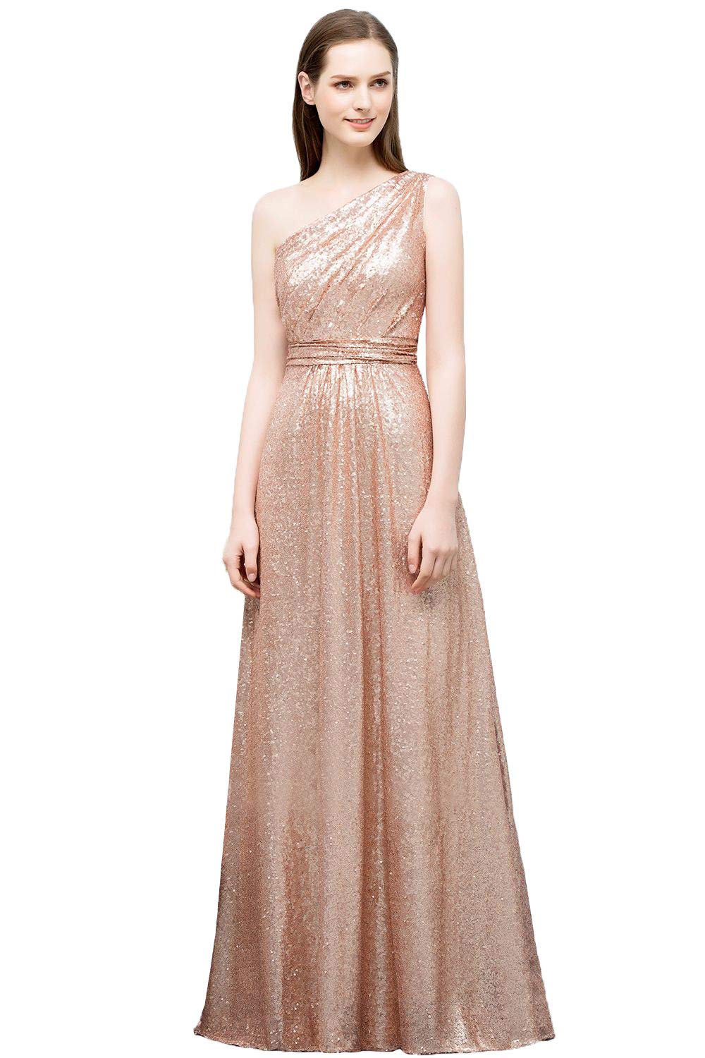 Clothfun One Shoulder Sequin Rose Gold Bridesmaid Dress - Long Chiffon Formal Gown for Women | Perfect for Weddings, Proms & Evening Parties