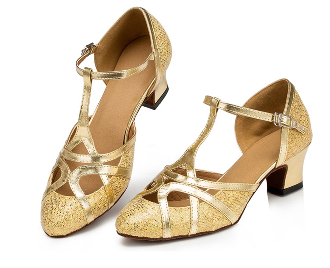 TDA Women's T-Strap Glitter Dance Shoes for Salsa, Tango, Ballroom & Latin - 5cm Heel, Gold Glitter (Size 8.5) | Perfect for Dance Parties, Performances & Social Events