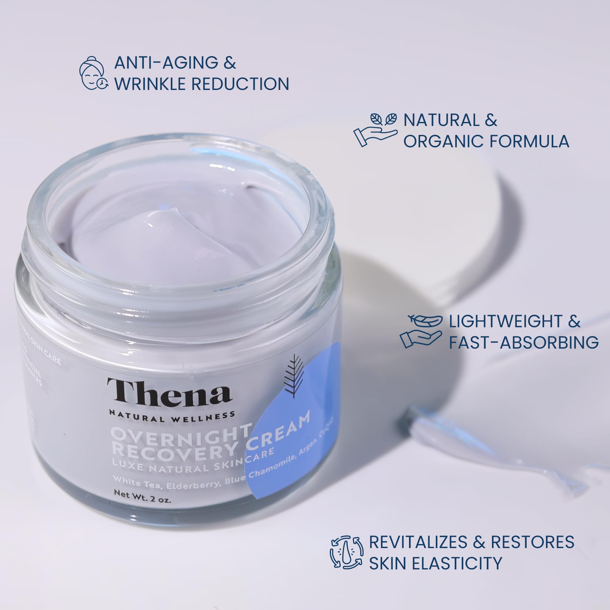 THENA Overnight Recovery Cream - Anti-Aging Night Face Moisturizer with Collagen for Women & Men | Organic & Natural Skincare | Deep Hydration & Wrinkle Reduction | Perfect for Nighttime Skin Repair & Rejuvenation