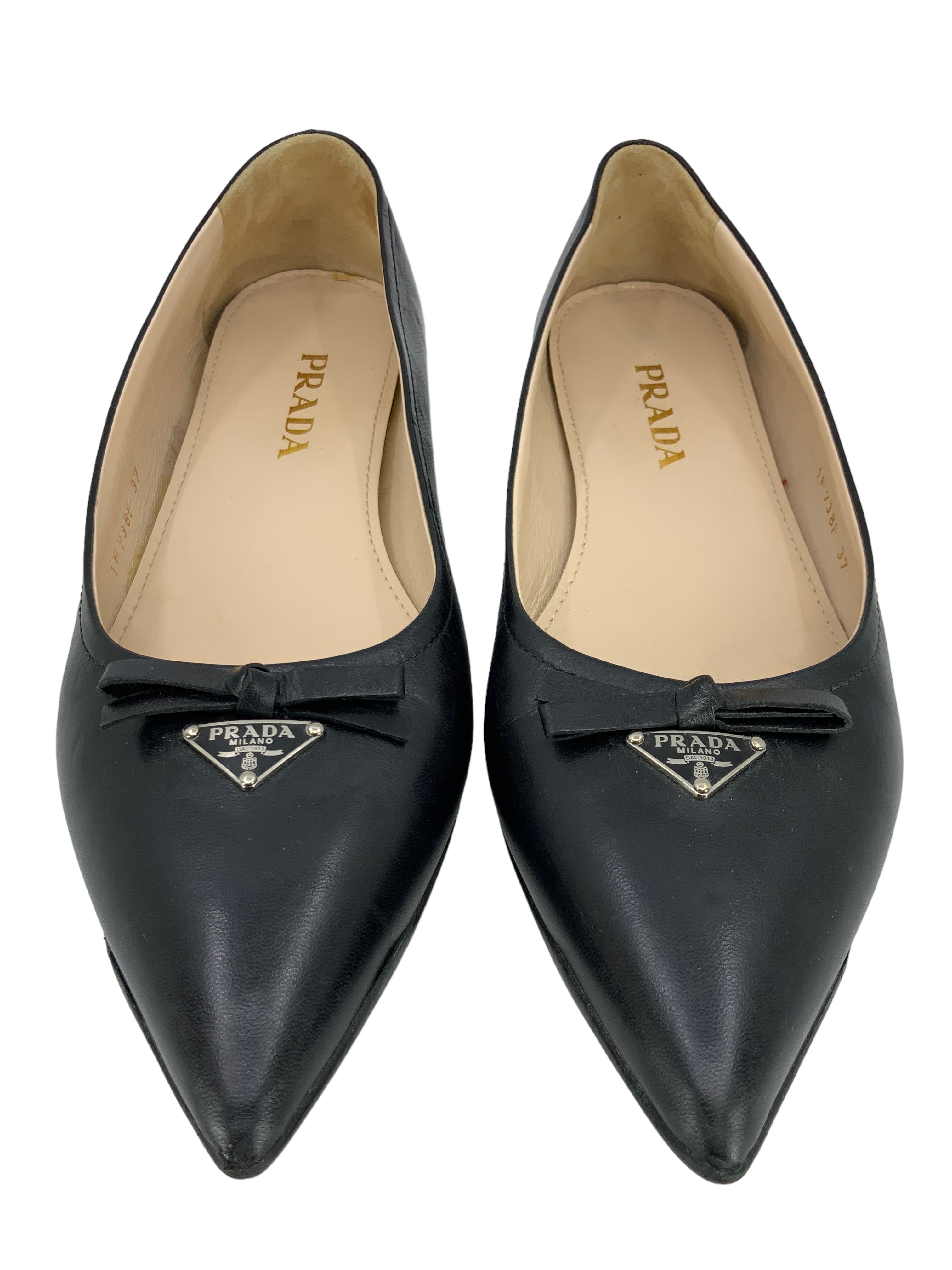 Prada Leather Pointed Toe Flats with Triangle Logo & Bow Detail - Women's Size 7 | Elegant Dress Shoes for Work, Wedding & Formal Occasions