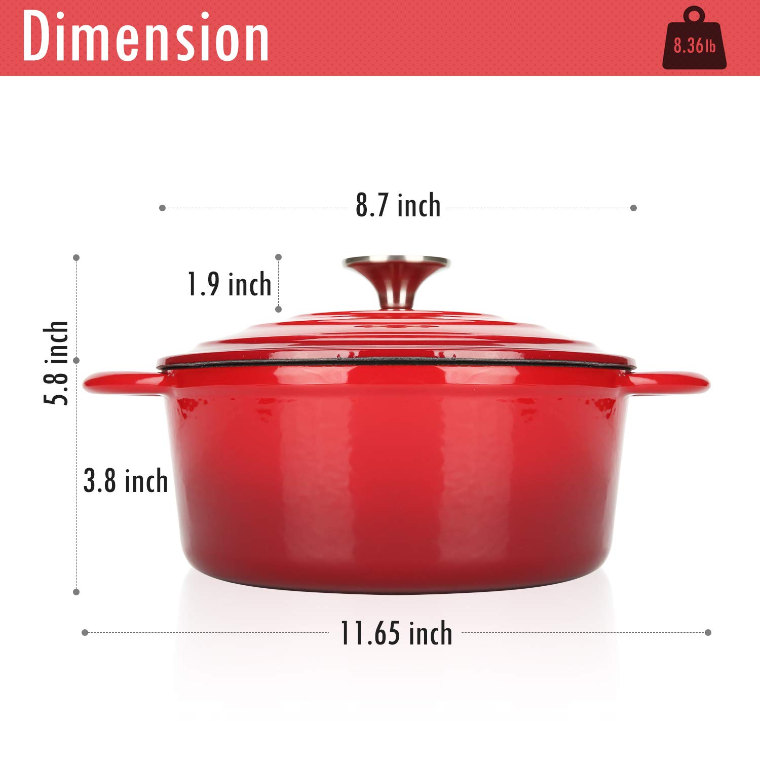 **3 QT Enameled Cast Iron Dutch Oven with Lid – Heavy Duty Dual Handles for Baking Bread, Braising, Soups & Meat – Ideal for Family Cooking, Stovetop & Oven Use – Cerise Red**