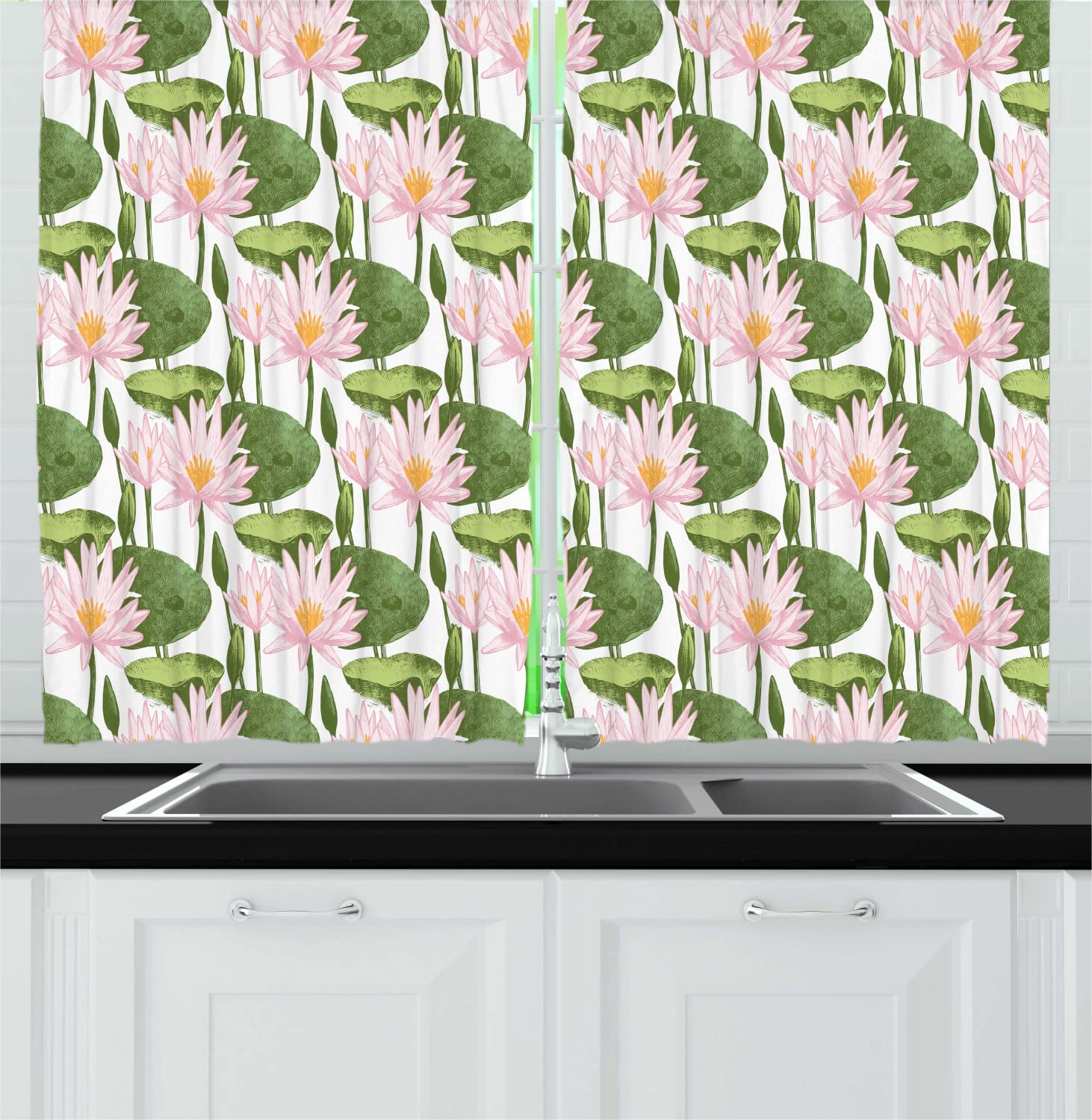 Ambesonne Floral Long Kitchen Curtains - Waterlily Flower Bouquets & Leaves Lake Blossoms Design, 2 Panel Drapes with Rod Pocket, 55
