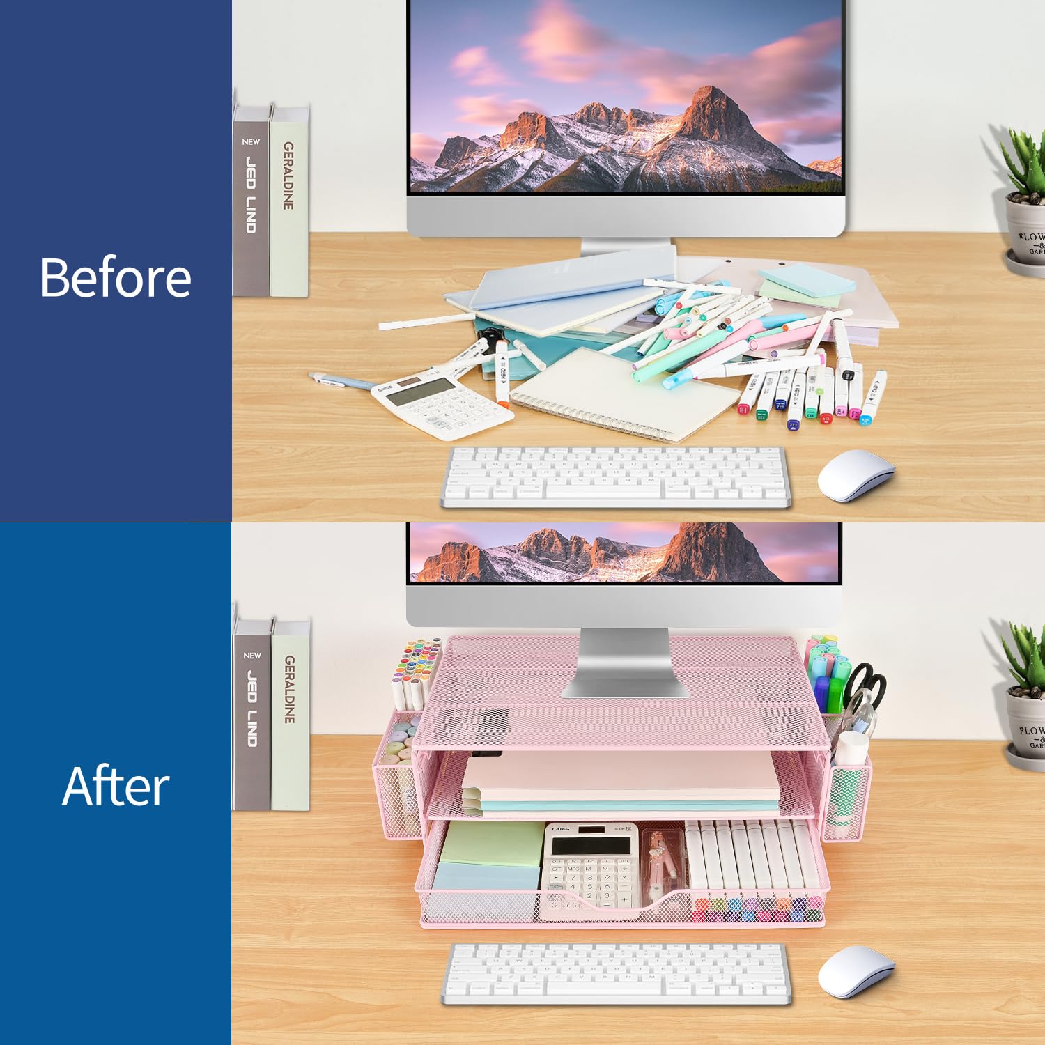 AUPSEN Adjustable Monitor Stand with Storage Drawer & Pen Holders - Ergonomic Desk Organizer for Computer, Laptop, Printer - Office & Home Workspace Accessories (Pink) - Perfect for Small Spaces & Clutter-Free Desktops