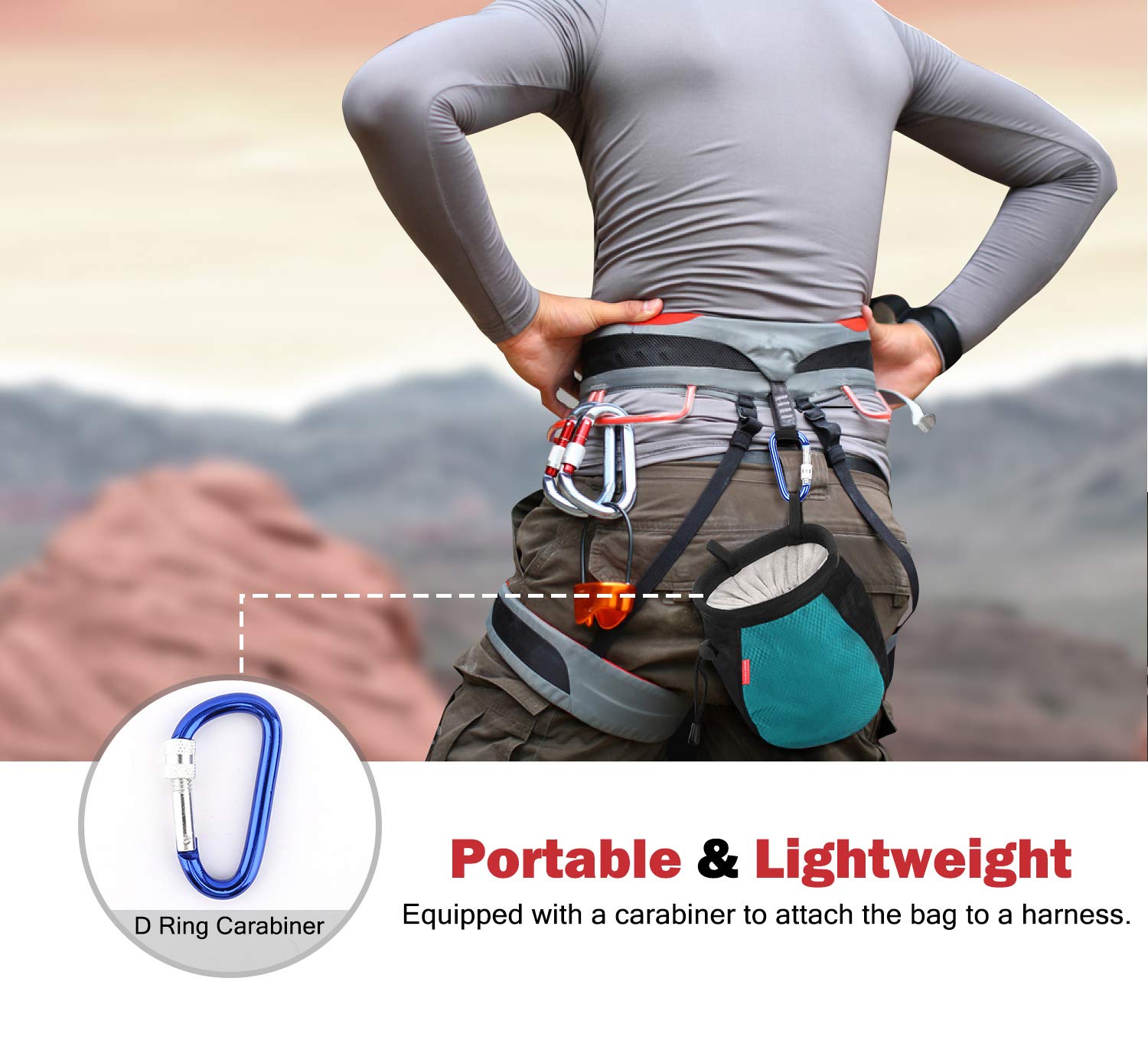 **Rhino Valley No-Leak Climbing Chalk Bag with Adjustable Belt, Carabiner Clip & Zippered Pockets – Perfect for Rock Climbing, Bouldering, CrossFit, Weightlifting & Gymnastics**