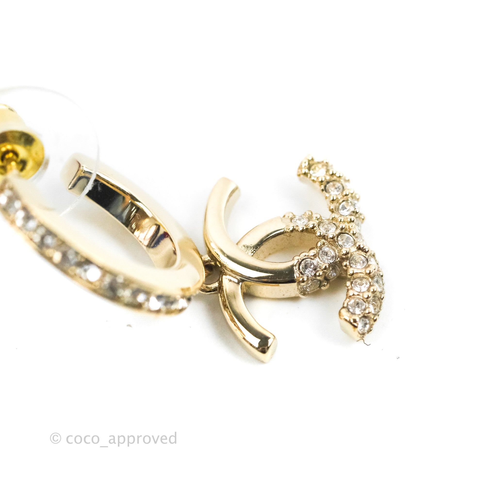 Chanel CC Crystal Hoop Earrings 22K Gold Tone Luxury Fashion Jewelry - Perfect for Parties, Weddings & Special Occasions