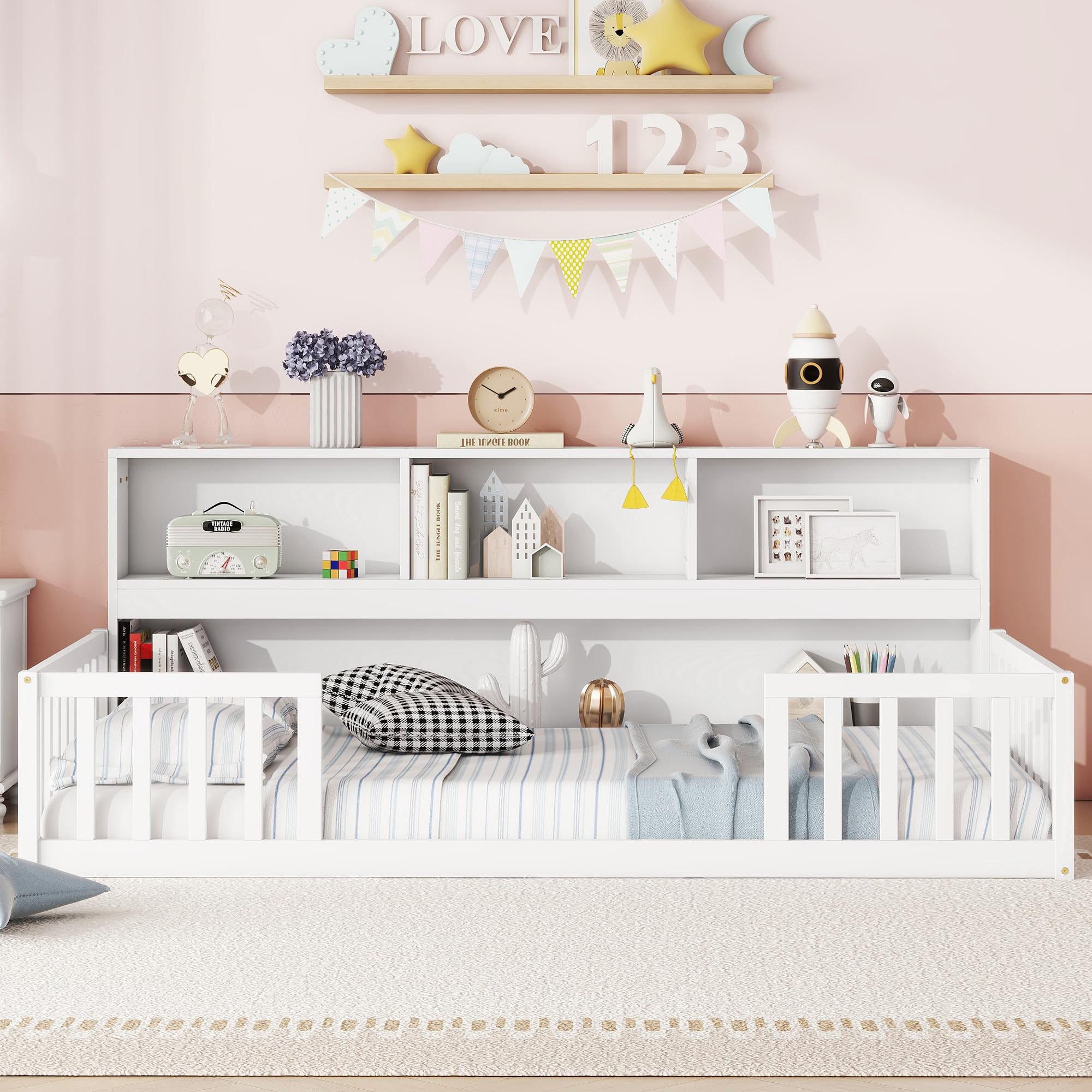 Bellemave Montessori Floor Bed for Kids - Twin Size with Bookcase & Shelves - Sturdy Wooden Bed Frame for Boys & Girls - White - Perfect for Montessori Bedrooms, Playrooms & Cozy Reading Nooks