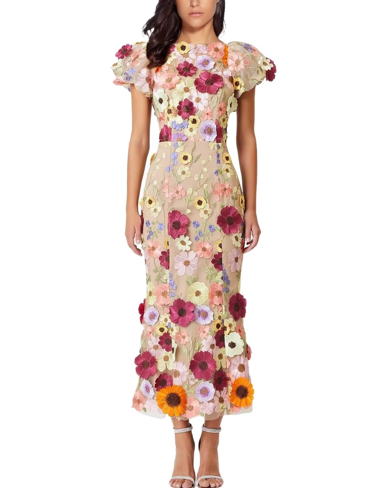Elegant 3D Floral Embroidery Long Dress with Ruffle Sleeves & Lace Detail - Women's Bodycon Cocktail Dress for Parties, Weddings & Special Occasions