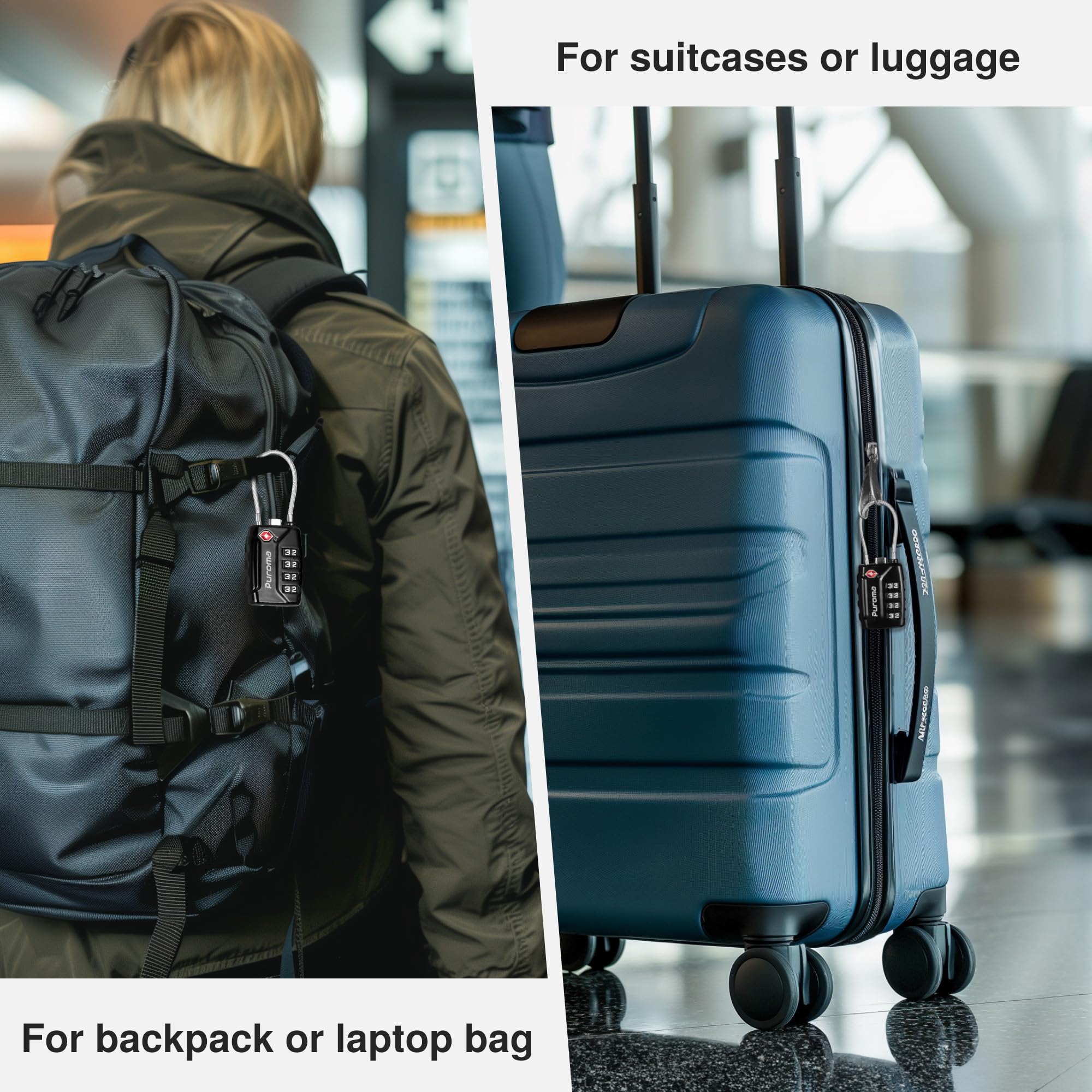 Puroma 2 Pack TSA Approved Luggage Locks - Secure 4 Digit Combination Travel Locks with Resettable Code & Durable Zinc Alloy Body for Suitcases, Backpacks, Gym Lockers & Toolboxes (Black) - Perfect for Air Travel, School, Work & Outdoor Adventures
