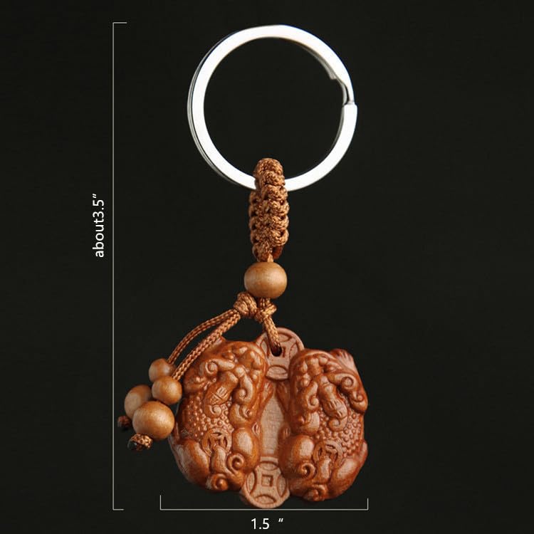 Handmade Feng Shui Wooden Double Pi Yao/Pi Xiu Coin Biting Keychain - Wealth & Prosperity Amulet - Perfect for Home, Office, or Car Keyring