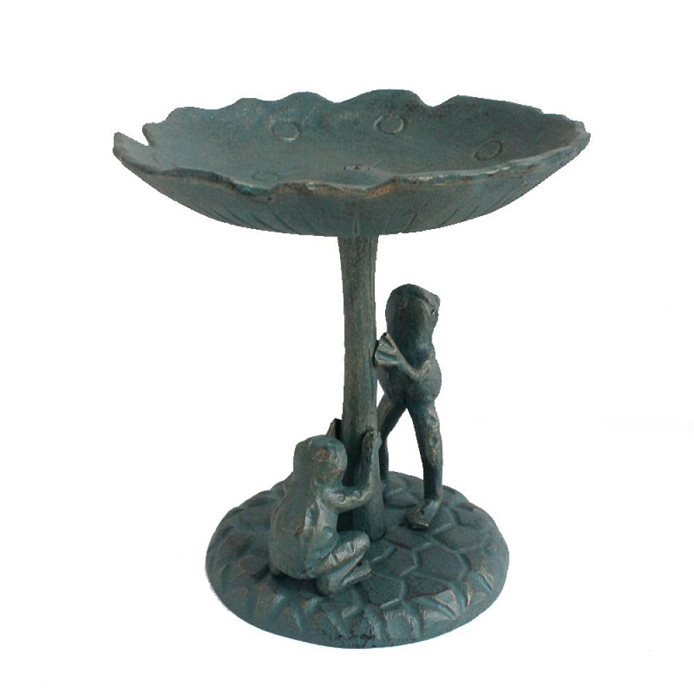 Cast Iron Frog, Mushroom & Bird Statues - Handcrafted Garden Sculptures with Food Basin - Outdoor Home Decor for Patio, Lawn & Flower Beds
