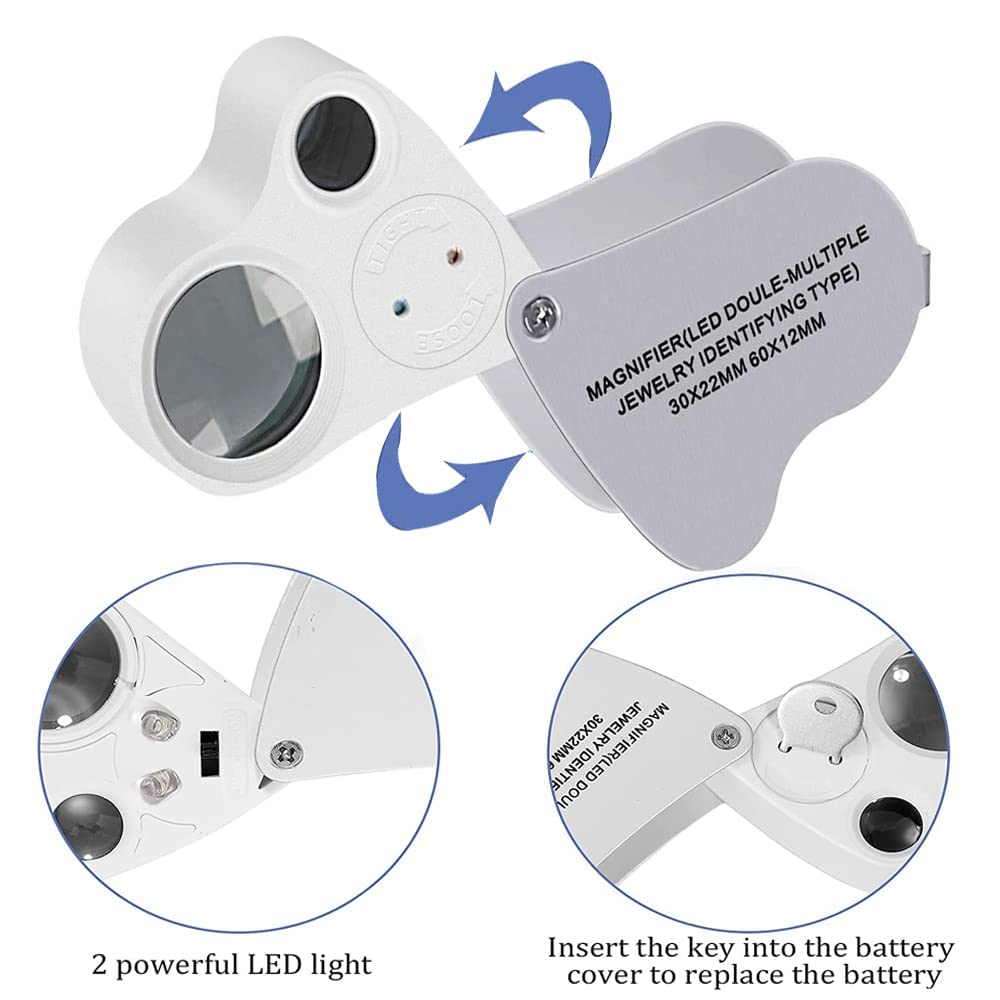 DREAME 30X 60X LED Illuminated Jewelry Loupe Magnifier - Foldable Jewelers Magnifying Glass for Gems, Coins, Stamps & Watches | Perfect for Gemstone Appraisal, Coin Collecting & Jewelry Inspection
