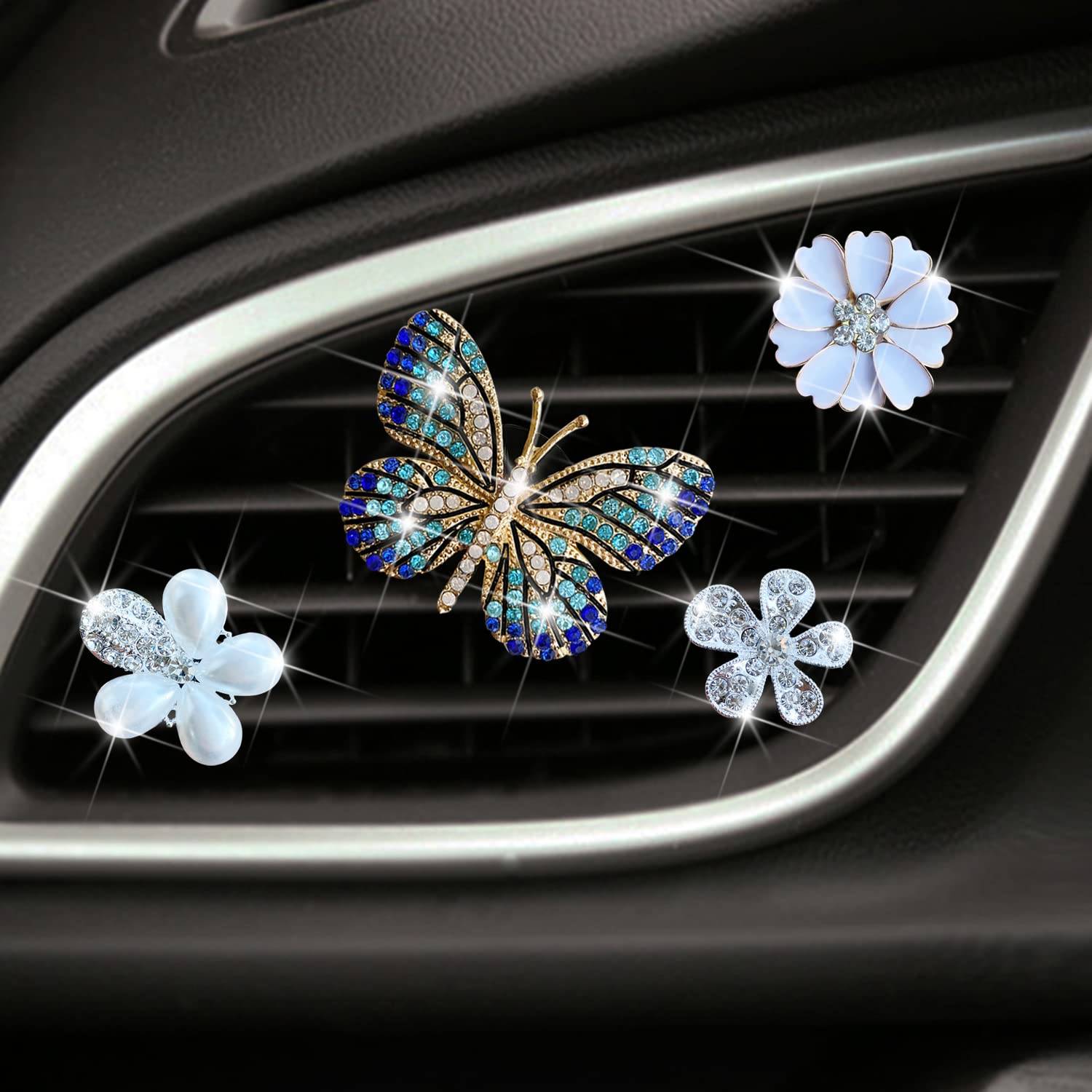 4PCS Blue Butterfly Car Air Freshener Vent Clips - Diamond Decor Daisy Flower Car Diffuser for Women | Elegant Car Interior Accessories | Perfect for Sedan, SUV & Office Desk Decor