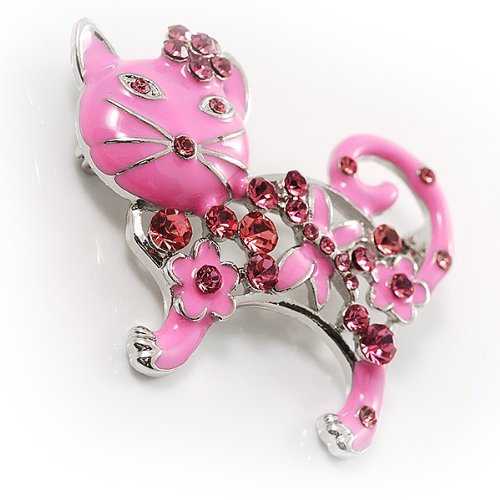 Elegant Pink Crystal Enamel Cat Brooch Pin - Vintage Style Jewelry for Women - Perfect for Blazers, Scarves & Handbags