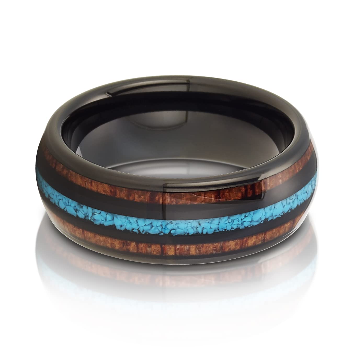 Black Tungsten & Koa Wood Wedding Ring for Men - 8mm Comfort Fit Anniversary Band with Turquoise Inlay - Durable & Stylish for Everyday Wear, Groomsmen Gifts & Couple Matching Sets