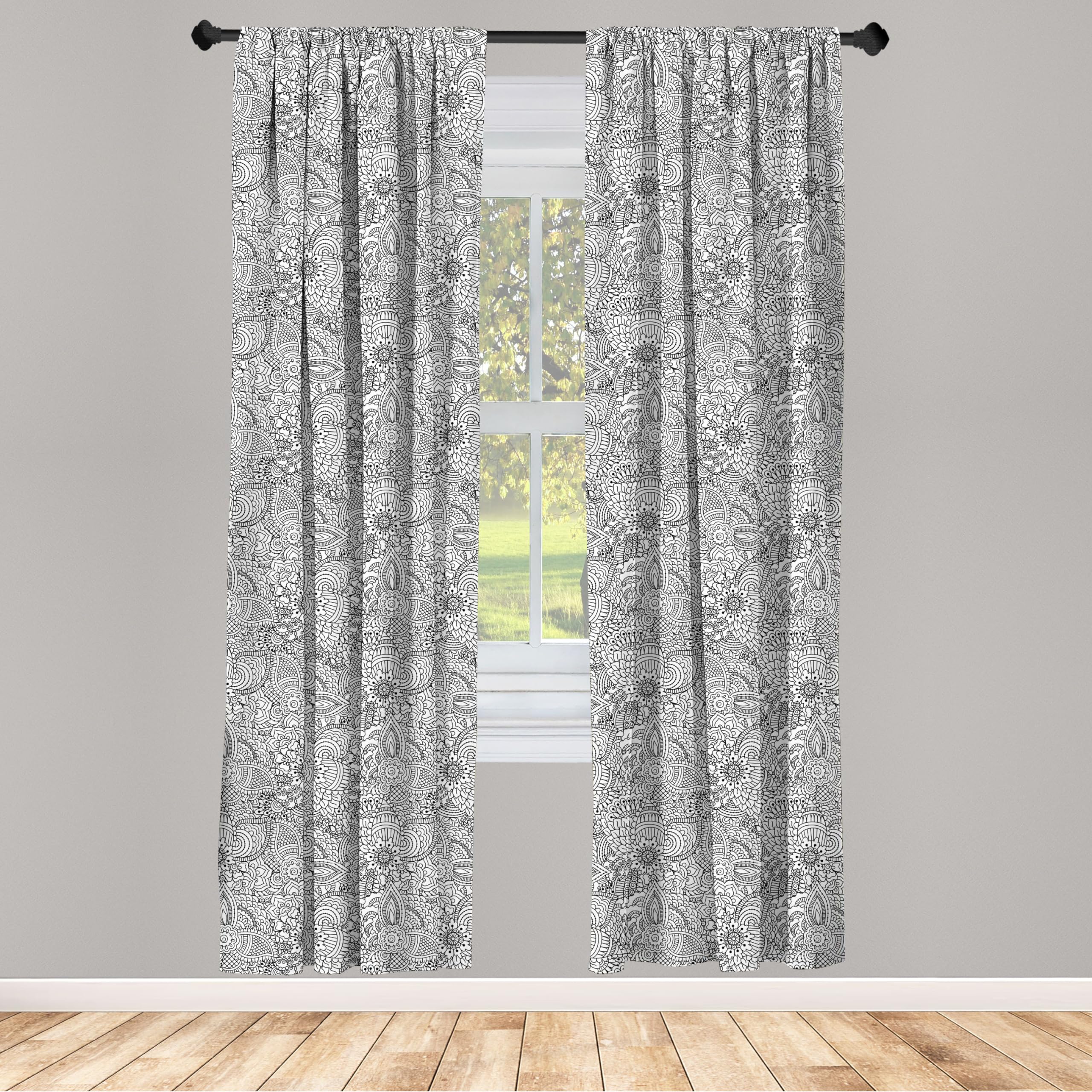 Ambesonne Oriental Window Curtains - Monochrome Cultural Folk Pattern with Intricate Swirls & Leaves, Lightweight 2-Panel Set with Rod Pocket (28