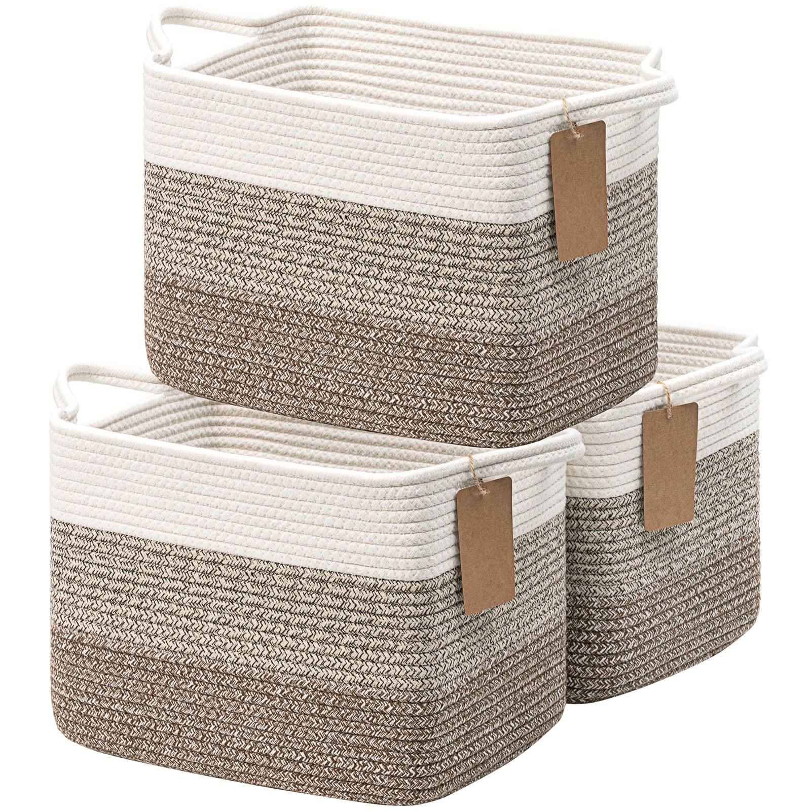 Goodpick Woven Storage Baskets 3-Pack - Nursery, Toy & Home Organizer - White & Brown, 13x10x9in