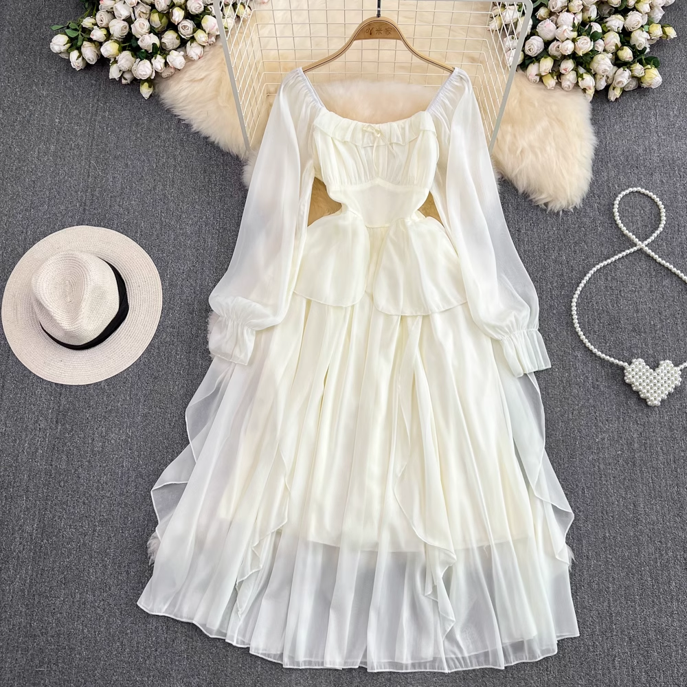 Fairy Long Sleeve Square Neck A-Line Ruffle Dress for Women | Elegant Fall Dress 1655 | Perfect for Autumn Weddings, Parties & Date Nights