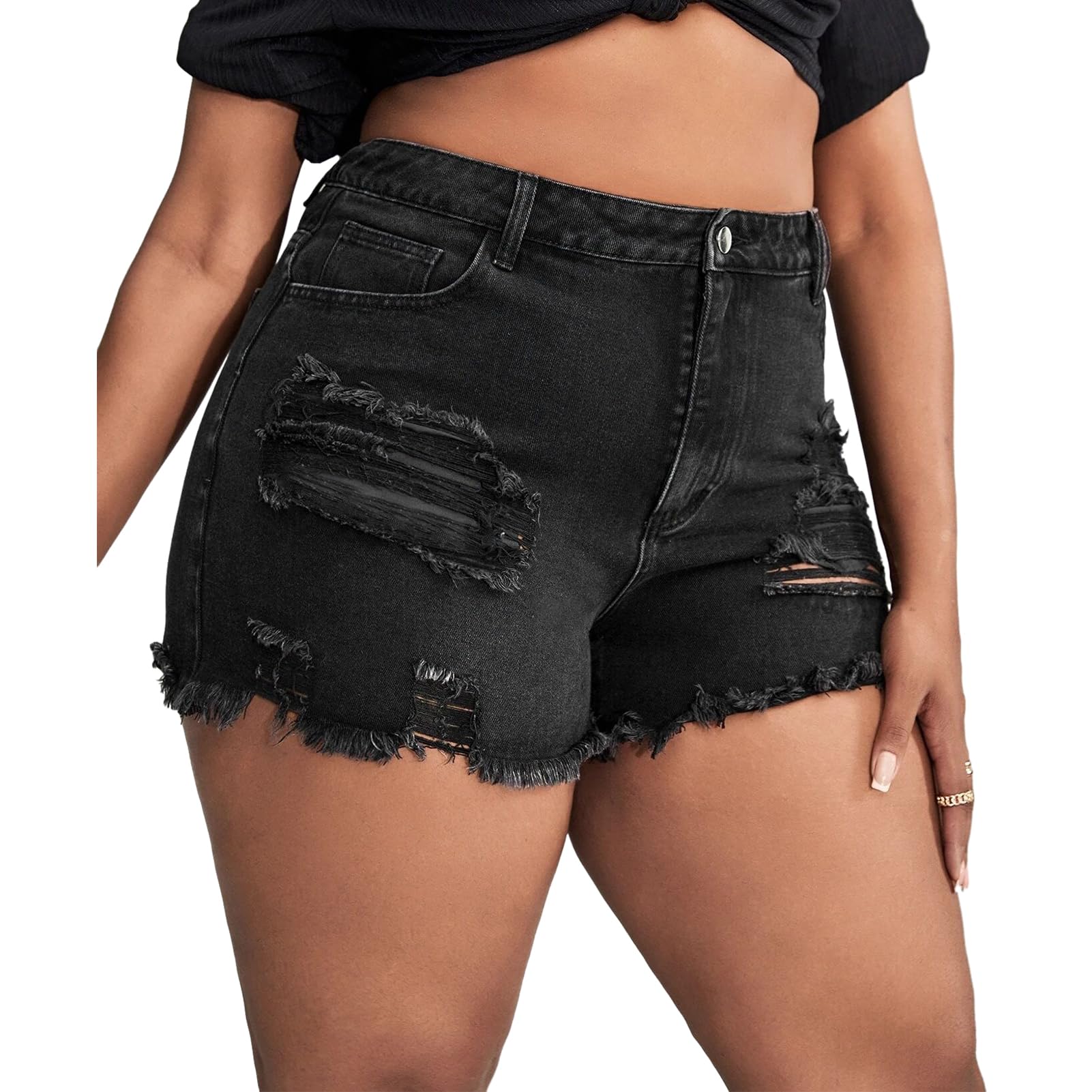 **MapleHub Plus Size Women's Ripped Denim Jean Shorts - High Waisted Stretchy Folded Hem Short Jeans for Summer Casual Wear & Street Style**