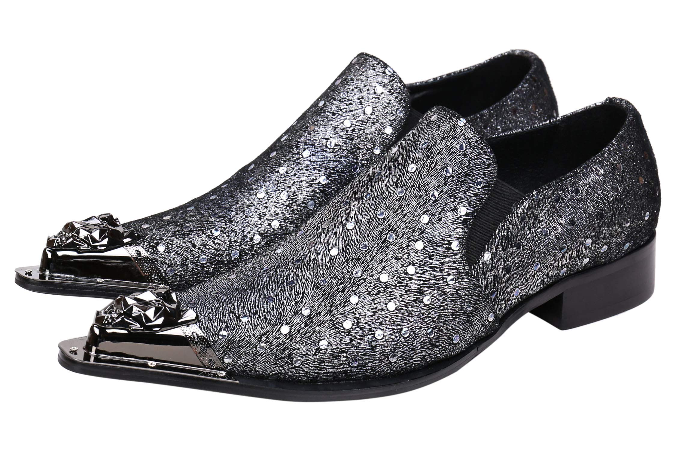 Santimon Men's Loafers - Pointed Toe Sparkling Leather Dress Shoes with Metal Tip for Western Style & Casual Wear | Perfect for Office, Parties, and Special Occasions