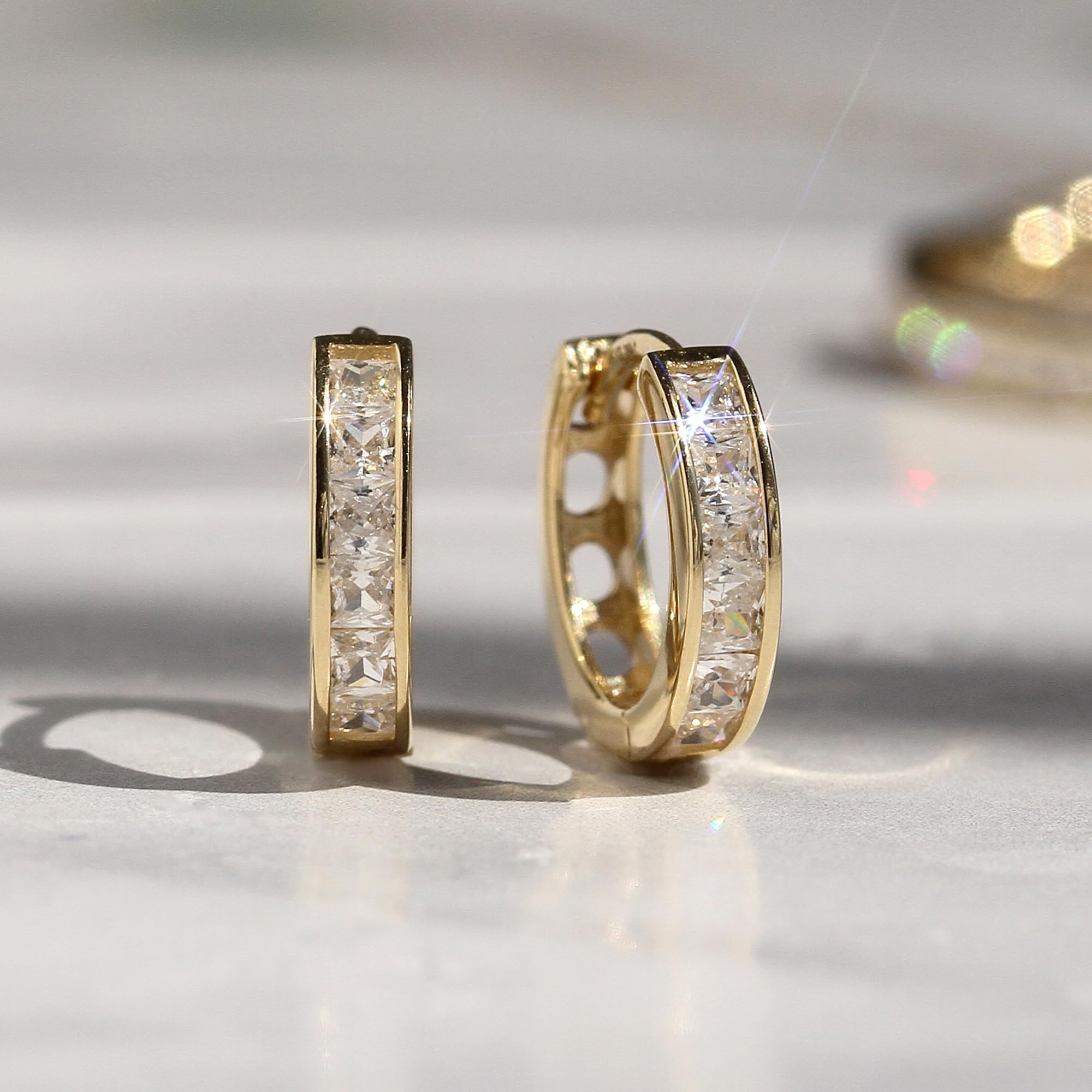 14K Solid Gold Princess Cut Cubic Zirconia Huggie Hoop Earrings - Channel Set Dangle Earrings for Women, Perfect for Weddings, Parties & Everyday Elegance