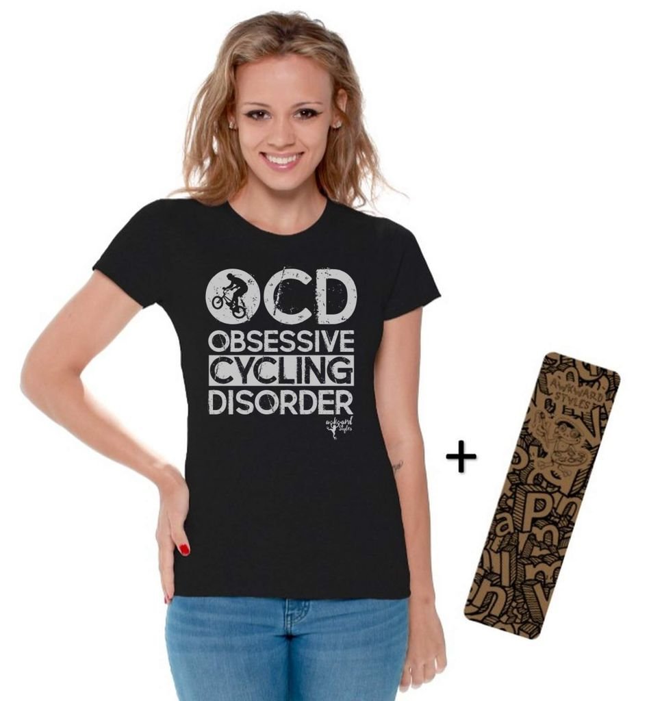 Awkwardstyles Women's OCD T-Shirt - Funny Obsessive Cycling Disorder Graphic Tee with Free Bookmark - Perfect Gift for Cyclists & Bike Lovers