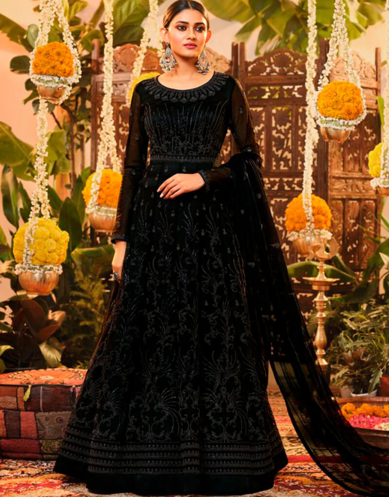 Elegant Black Anarkali Style Semi-Stitched Suit for Women | Traditional Indian Ethnic Wear | Perfect for Weddings, Parties & Festive Occasions