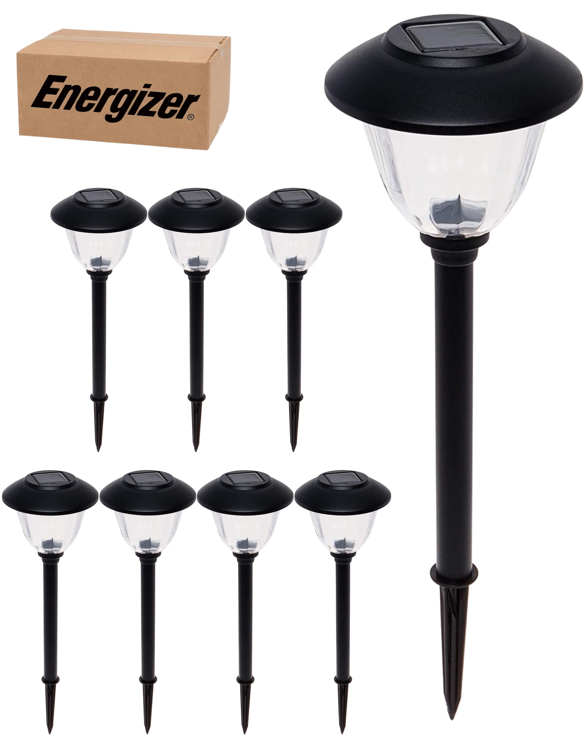 Energizer LED Solar Pathway Lights - 8 Pack Black Outdoor Solar Lights - IP65 Waterproof with Auto On/Off - Patterned Glass & Metal Construction - Perfect for Garden, Walkway, Driveway, and Landscape Lighting