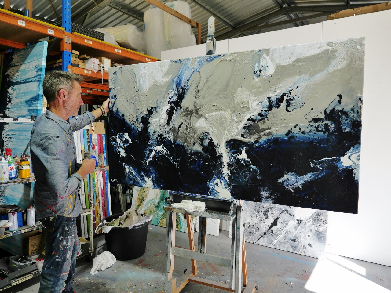 Deep Denim Blue Abstract Textured Canvas Painting 190cm x 100cm - Modern Wall Art for Living Room, Bedroom & Office Decor
