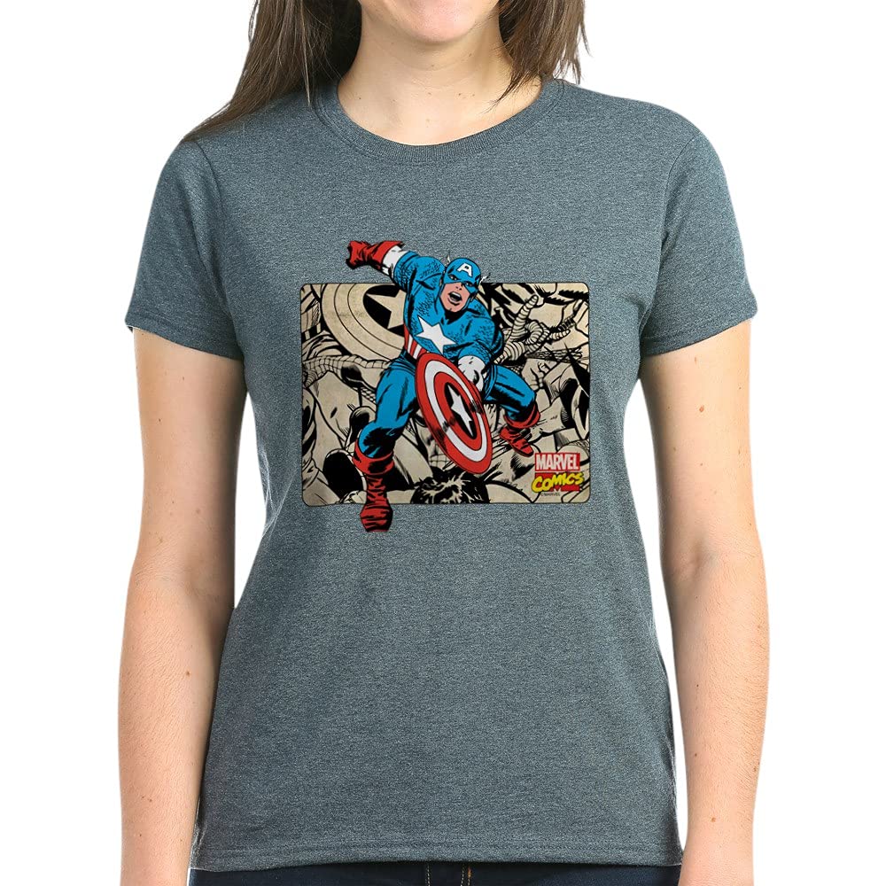 Captain America Retro Women's Dark Cotton T-Shirt | Marvel Superhero Graphic Tee | Vintage Style Comfort Fit | Perfect for Cosplay, Comic Con & Casual Wear