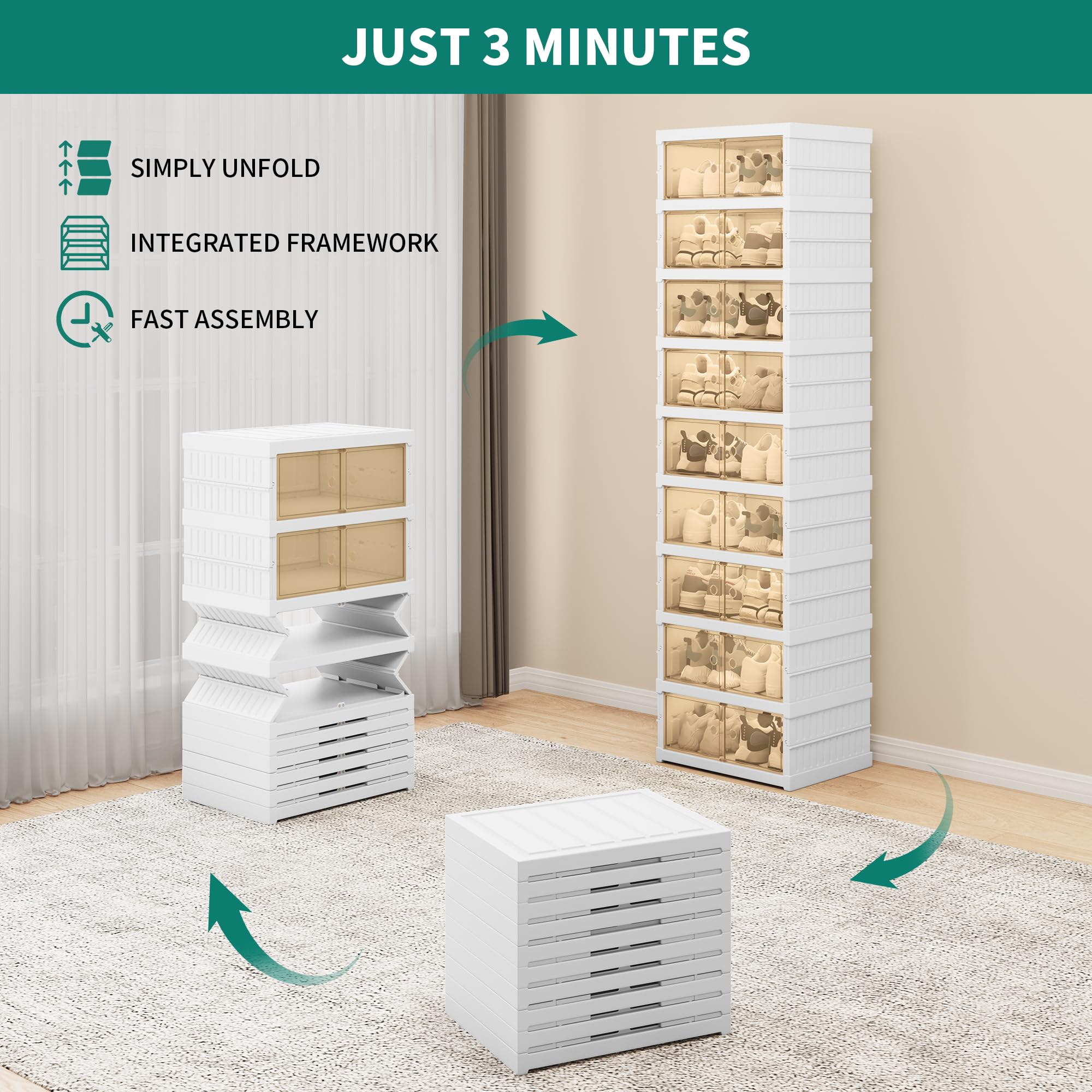 YITAHOME 9-Tier Shoe Organizer with Magnetic Doors - Foldable Shoe Rack for Closet, Entryway, Living Room & Bedroom - Holds 18 Pairs of Shoes - Space-Saving Storage Solution for Sneakers, Boots & Sandals - Perfect for Small Apartments & Organized Homes (White)