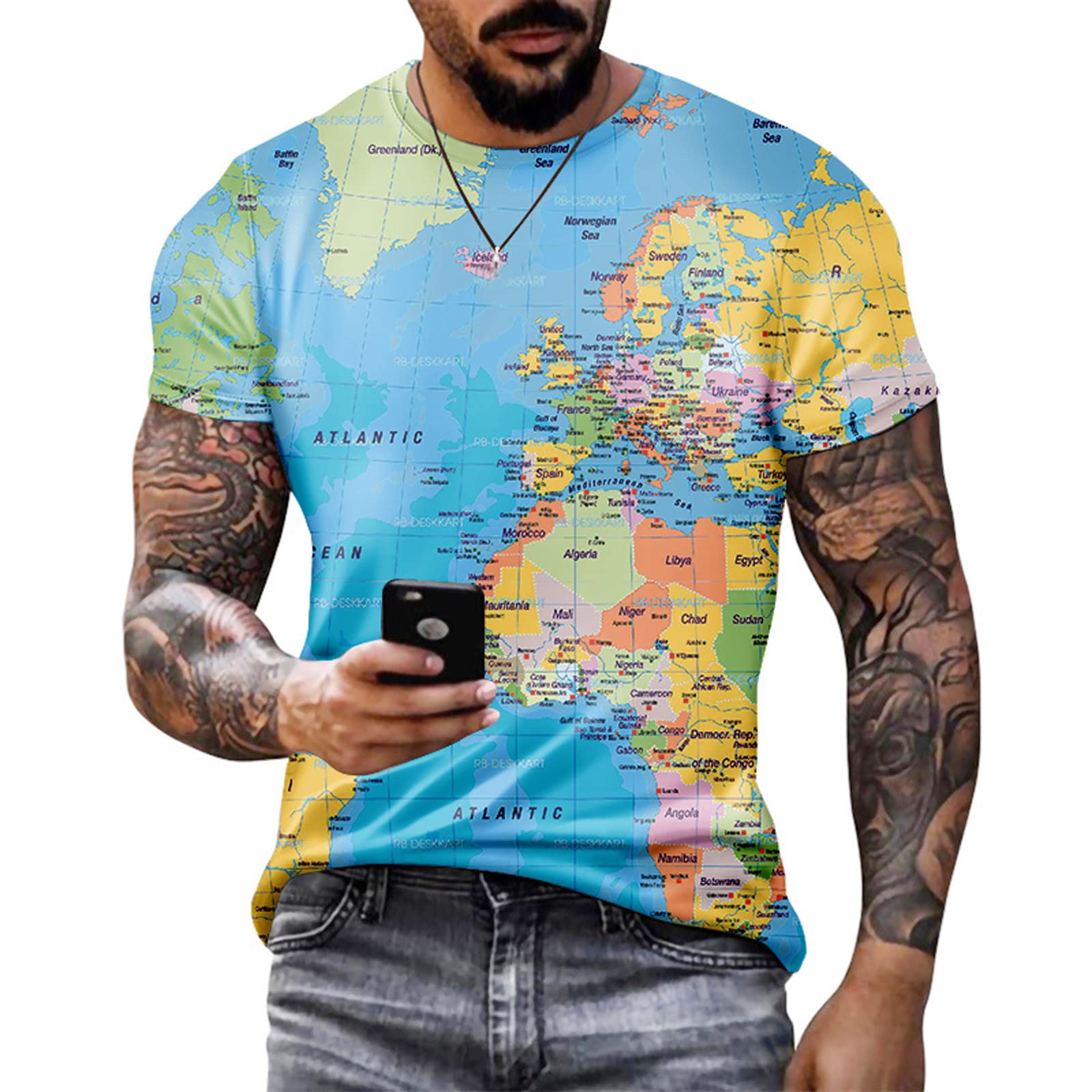 Men's Graphic T-Shirt - Hip Hop World Map Print Slim Fit Short Sleeve Tee | Streetwear Summer Casual Top | Perfect for Concerts, Street Fashion & Everyday Wear