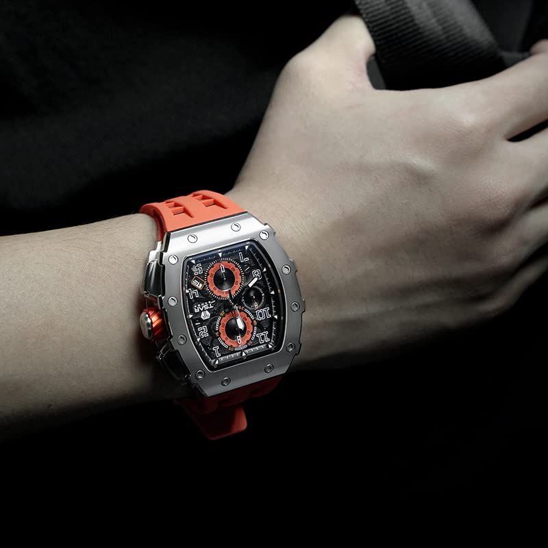 **TSAR BOMBA Luxury Men's Tonneau Watch - Waterproof 50M Analog Chronograph with Date Calendar - Business Dress & Diver Watch for Work, Formal & Casual Wear - Large Square Face Wristwatch for Men**    *(Use for business meetings, diving, daily wear & special occasions)*