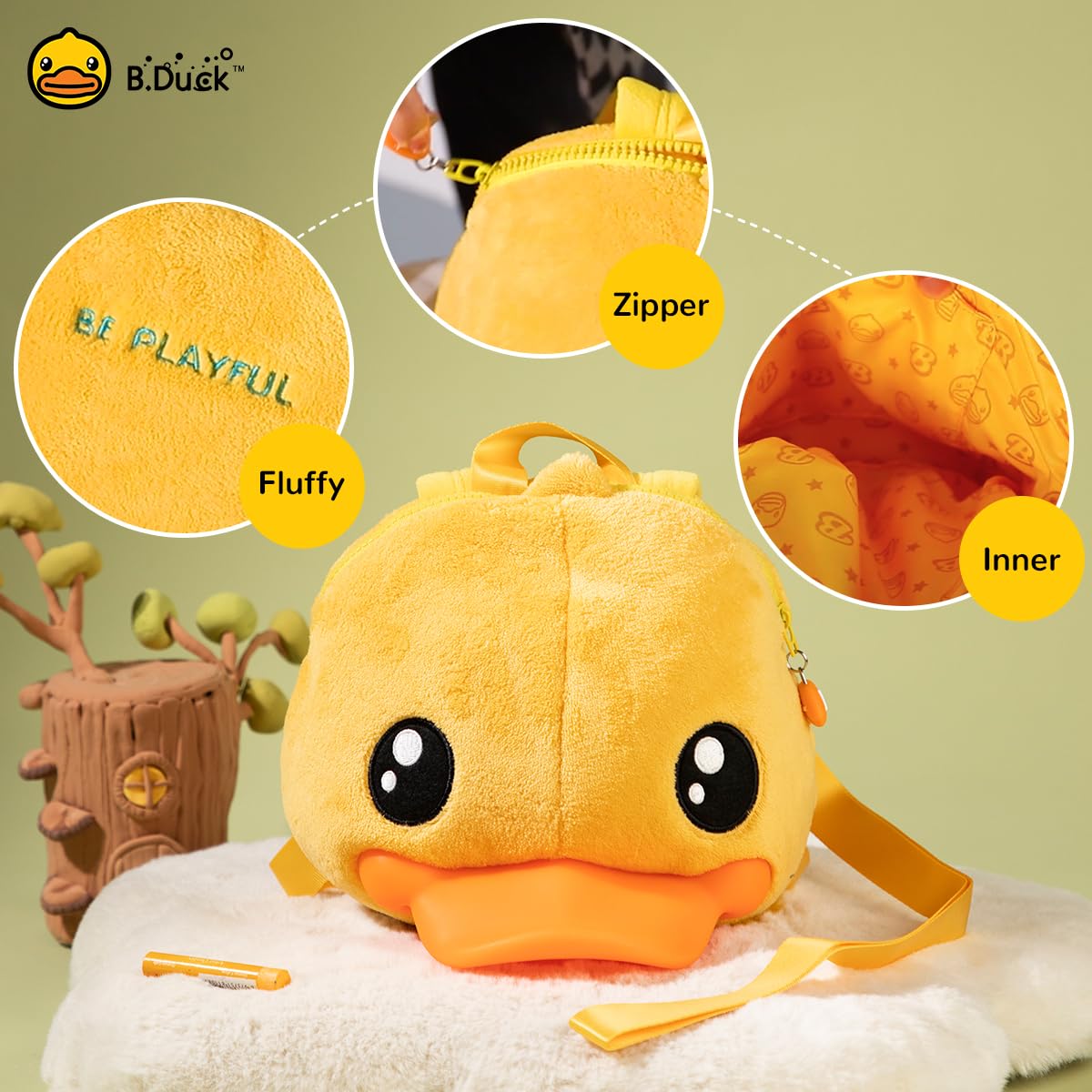 B.Duck Kids Backpack - Soft Plush Yellow Duck Mini Backpack for Kindergarten, Travel & School - Cute Unisex Backpack for Boys & Girls - Perfect for Daycare, Outings & Daily Use