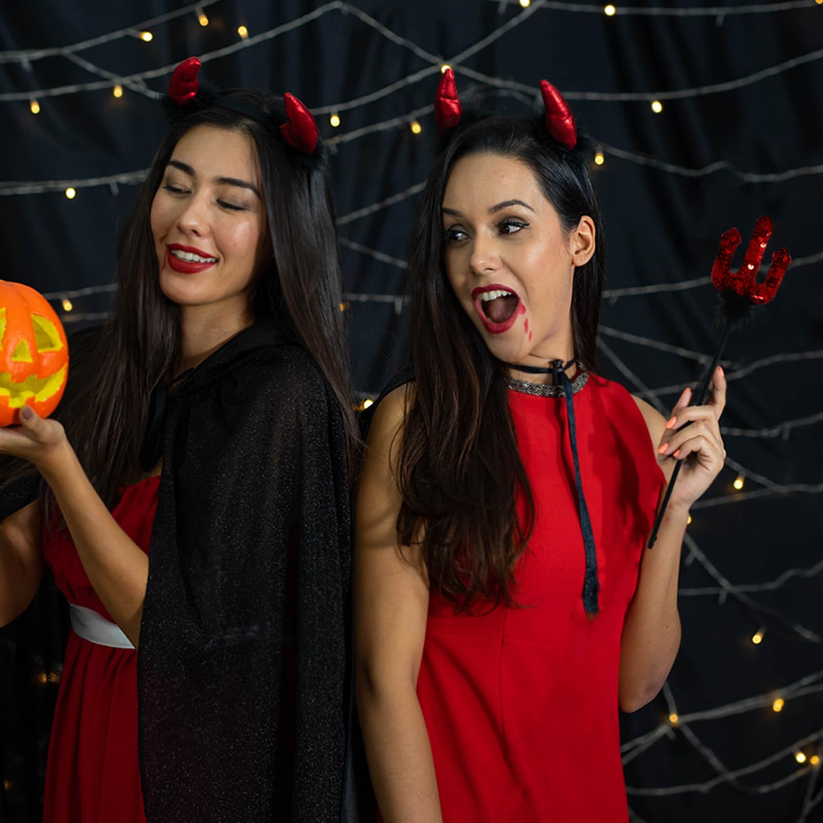 ROSAUI Devil Horns Headband & Sequin Pitchfork Trident Set - Classic Red & Black Halloween Costume Accessories for Adults (Men & Women) | Perfect for Halloween Parties, Cosplay & Carnival Events
