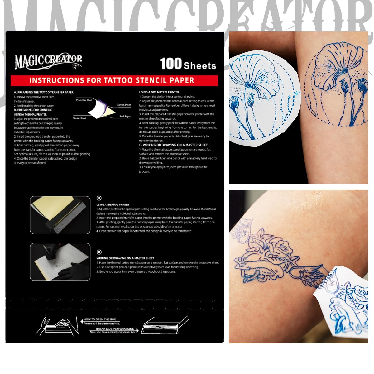 100Pcs Ultra HD Thermal Tattoo Transfer Paper - 4 Layer Professional Stencil Paper for Tattoo Artists | Works with Tattoo Stencil Printers & Freehand Drawing | A4 Size | Perfect for Tattoo Studios, Home Practice & Professional Tattooing