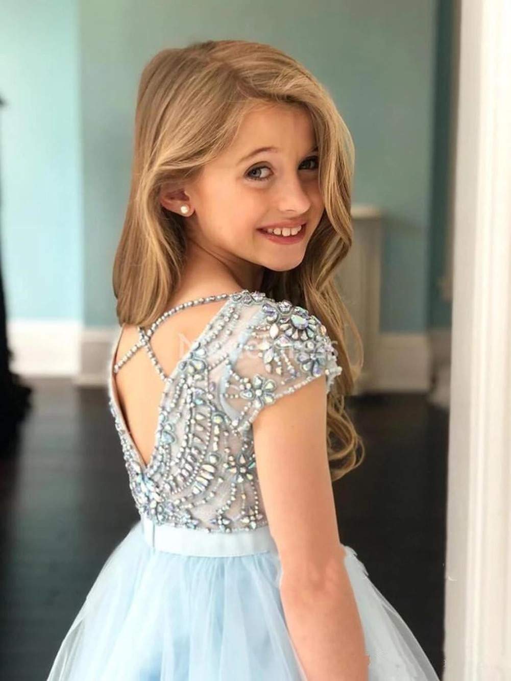 Emanni Girls Tulle Pageant Dress with Rhinestones & Beaded Flowers - Elegant Flower Girl Dress for Birthday Party, Wedding, Pageant & Special Occasions