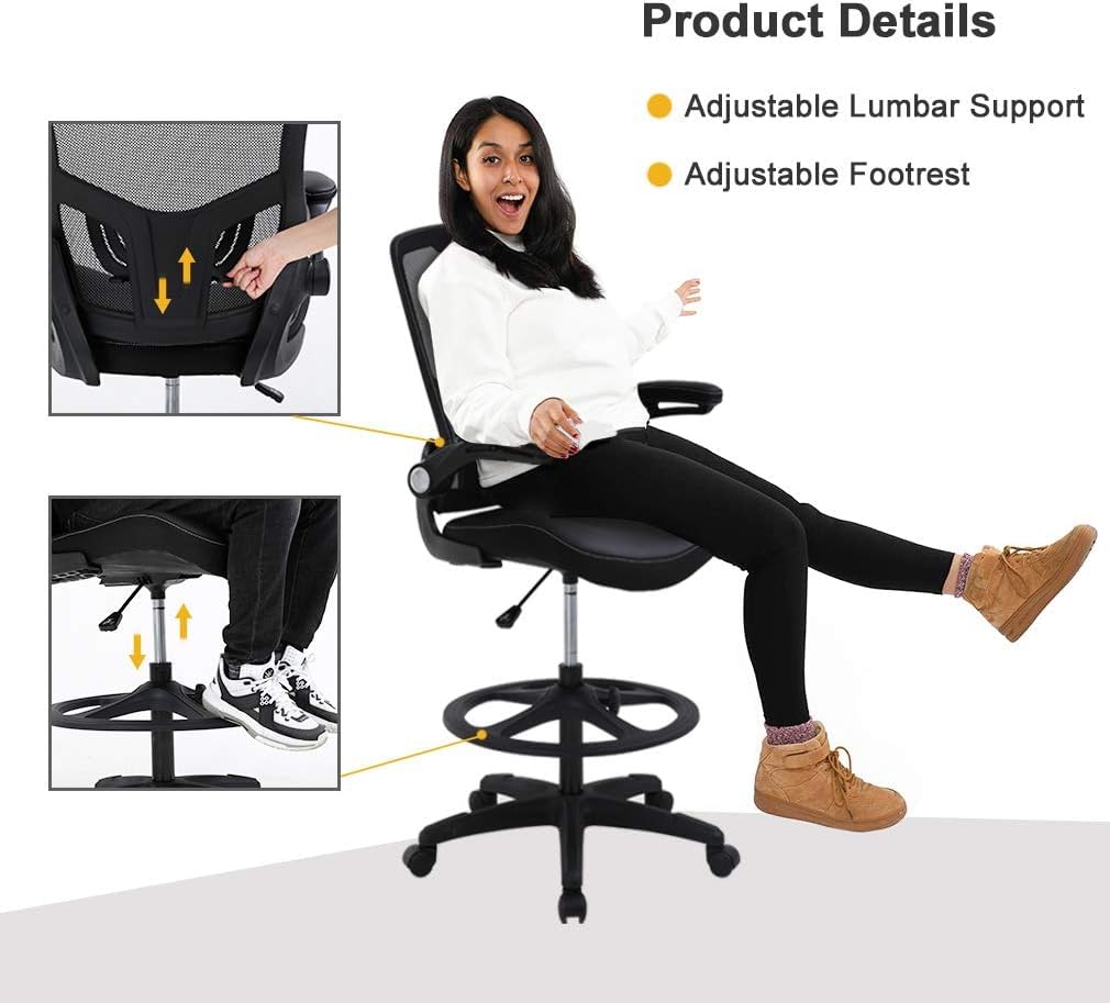 Ergonomic Drafting Chair with Flip-Up Arms, Foot Rest & Adjustable Height - Mesh Office Chair for Standing Desk - Black - Perfect for Architects, Artists & Home Office Workspaces