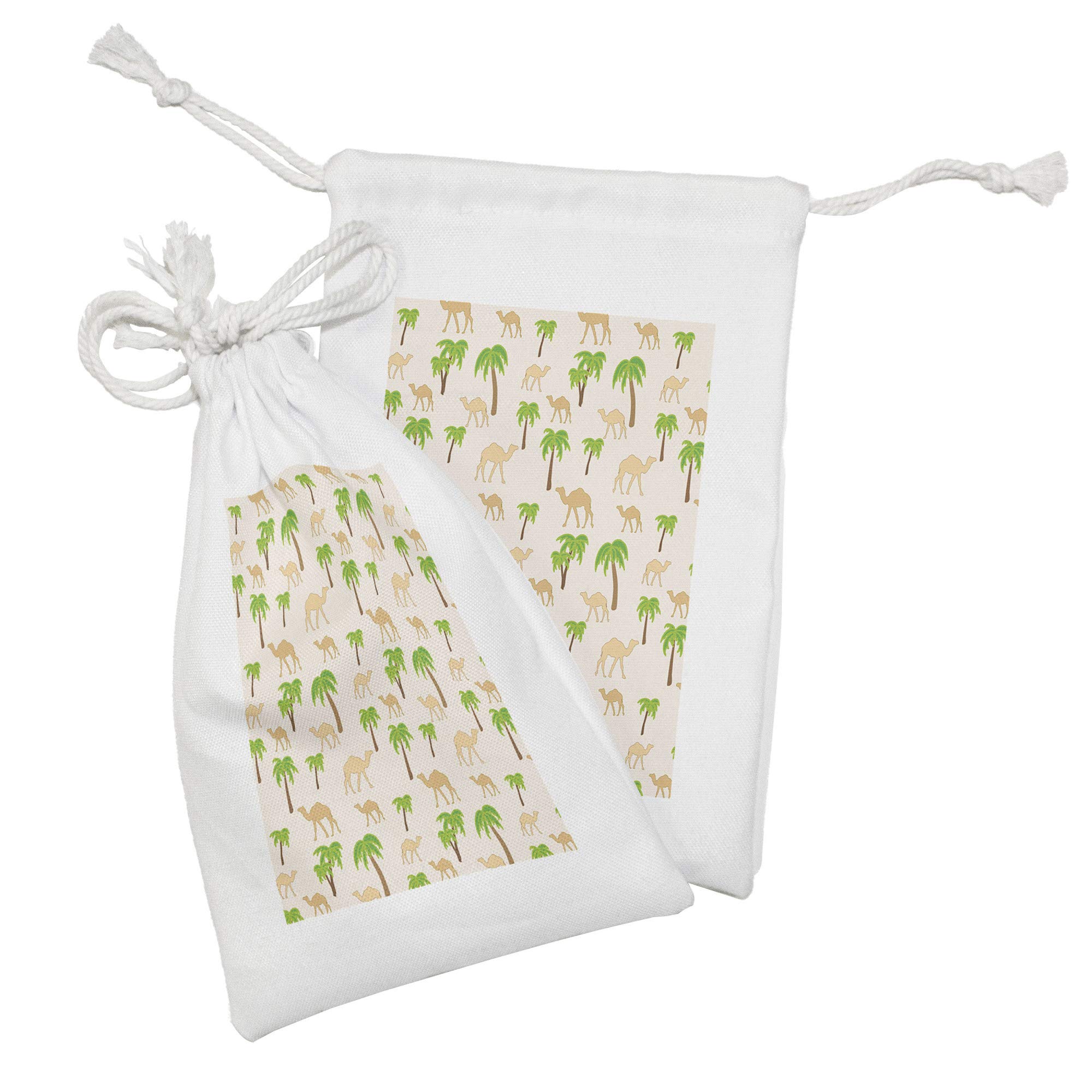 Ambesonne Oasis Fabric Pouch Set of 2 - Camels & Palm Trees Pattern Drawstring Bags for Travel Toiletries, Makeup, Jewelry & Party Favors (9