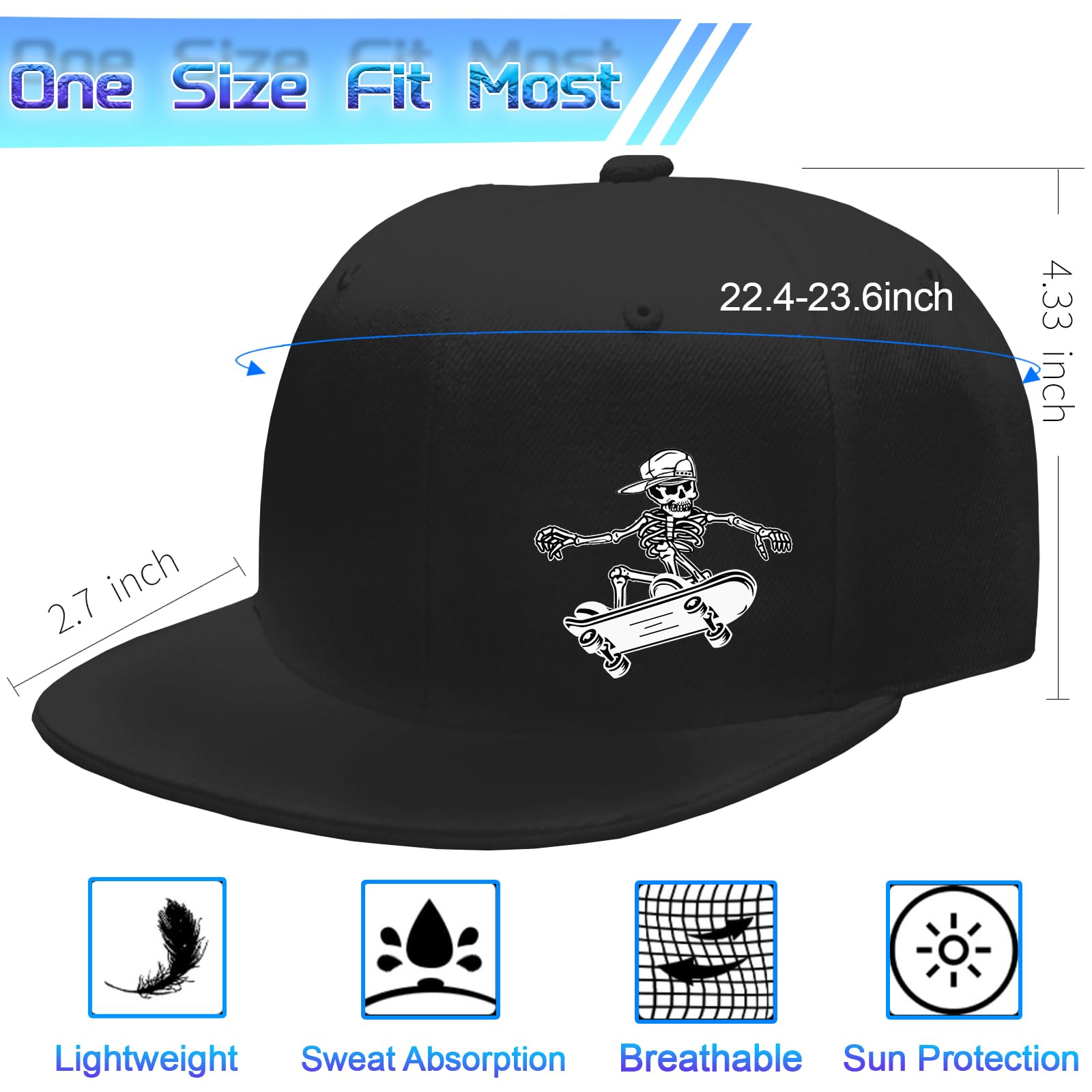 Men's Snapback Hats - Black Flat Bill Skull Baseball Cap with Adjustable Strap | Stylish Streetwear for Casual Outfits & Sports Events