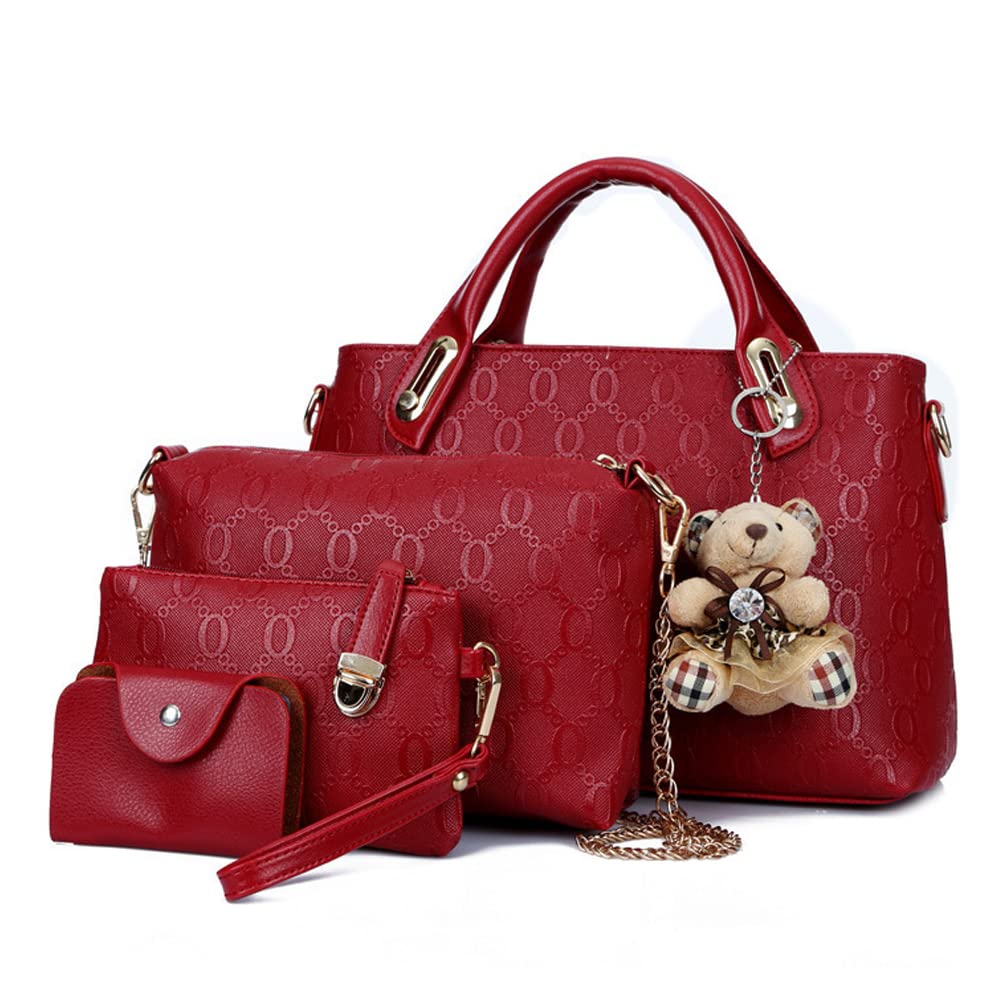 Dayfine 4-Piece Women's Leather Handbag Set - Printed Tote, Crossbody Shoulder Bag, Wallet & Clutch with Cute Bear Design | Perfect for Work, Travel & Daily Use
